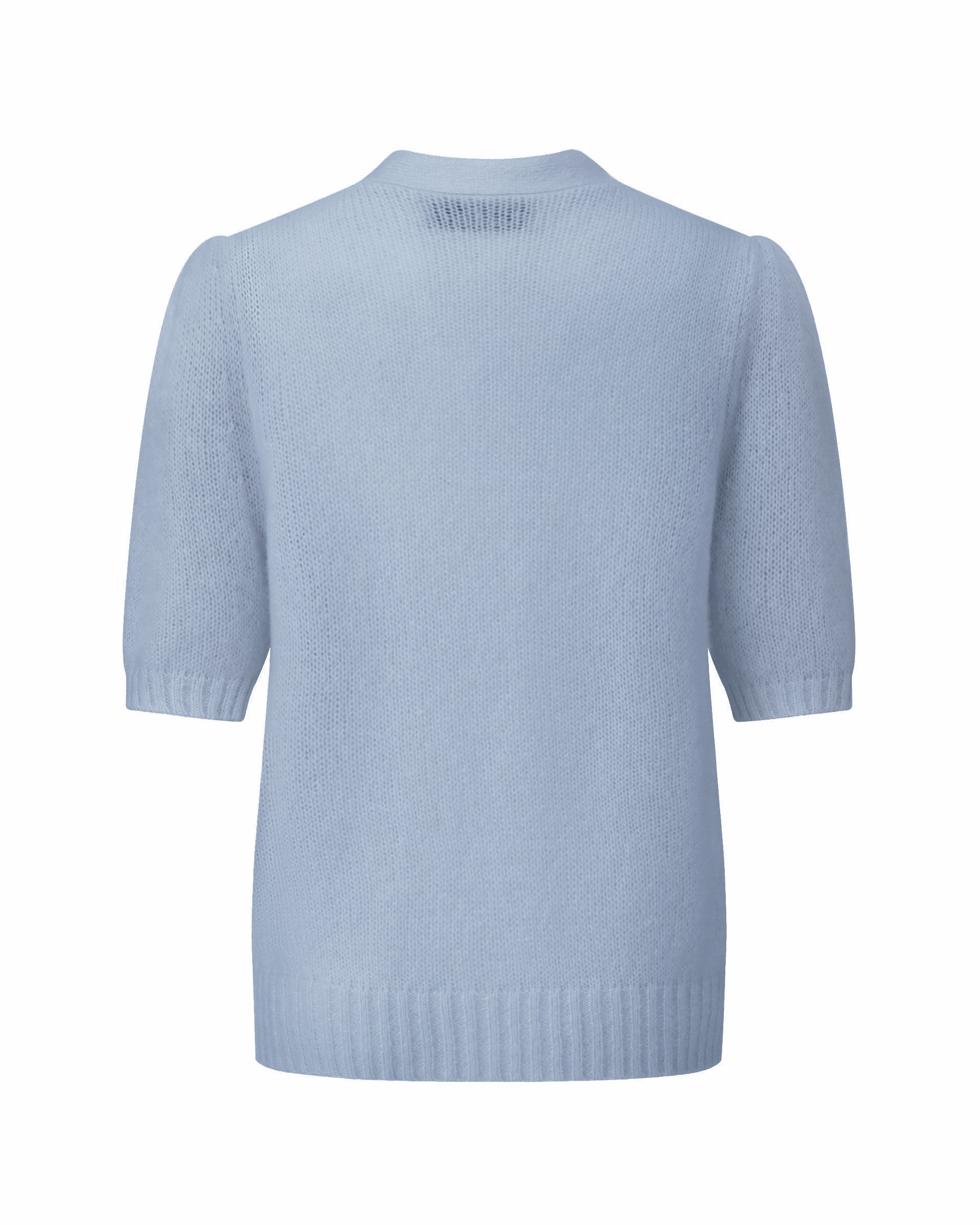 Damen Kurzarm-Jacket aus 75 % Kaschmir und 25 % Seide in sky blue (blau) – mittelschwerer, glatt gestrickter Style in körperbetonter Passform mit Knopfleiste aus Kunststoff, klassischer Schulter, leichten Puff-Halbärmeln sowie Rippbündchen und hohem Ripp-Saum