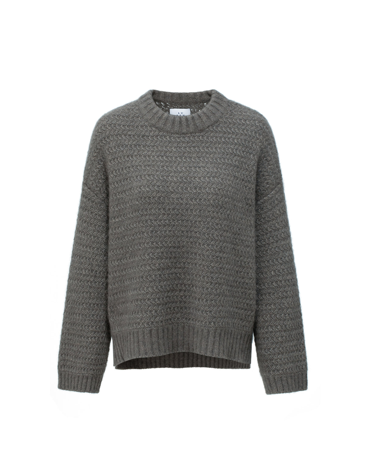Damen Pullover aus 75% Kaschmir, 25% Seide in Earth – Pullover mit Rundhalsausschnitt, überschnittenen Schultern, langen, relaxten Ärmeln sowie Ärmelbündchen und Saum in Rippstruktur.