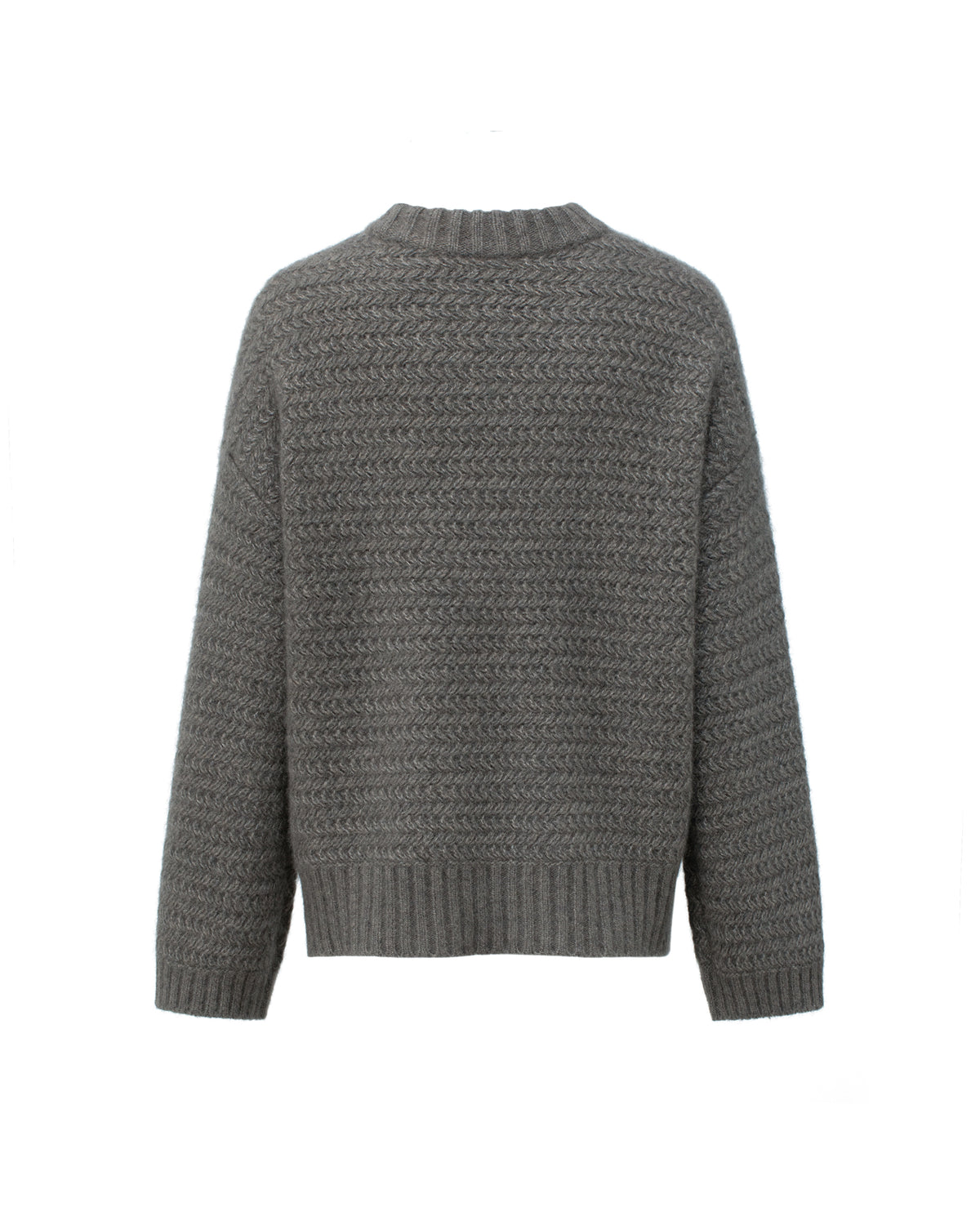 Damen Pullover aus 75% Kaschmir, 25% Seide in Earth – Pullover mit Rundhalsausschnitt, überschnittenen Schultern, langen, relaxten Ärmeln sowie Ärmelbündchen und Saum in Rippstruktur.