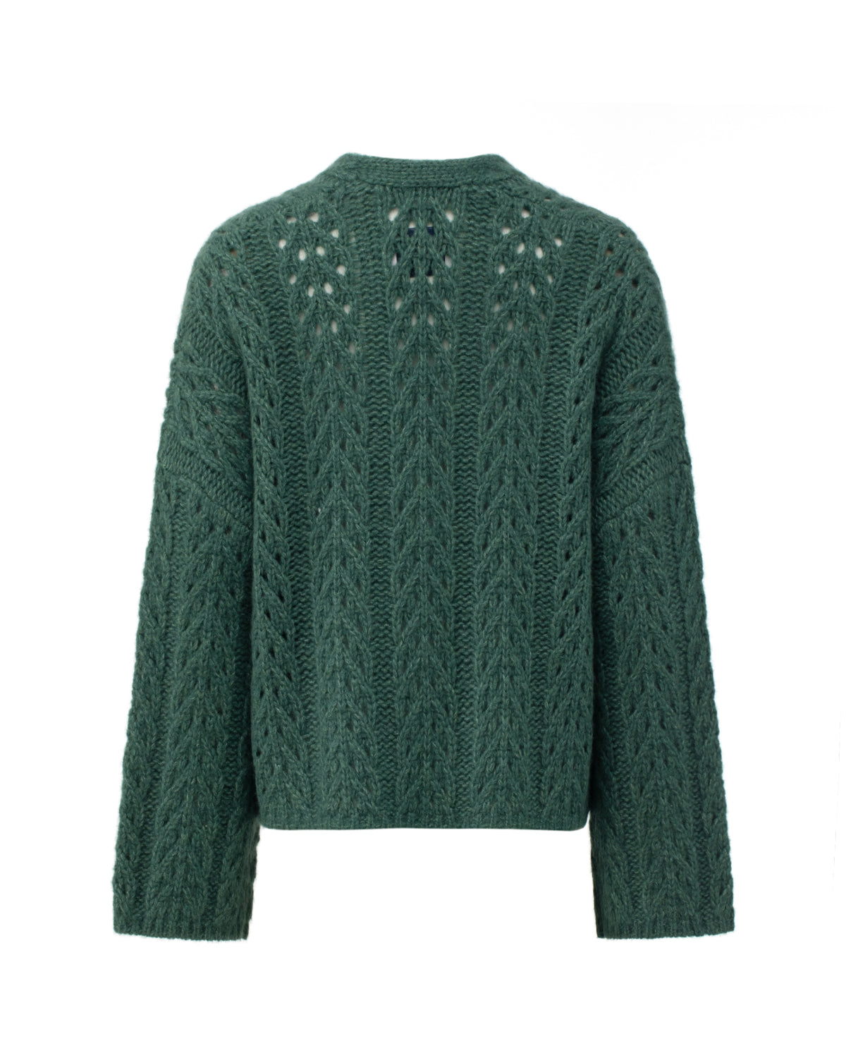 Damen Cardigan aus 75% Kaschmir, 25% Seide in Emerald – Cardigan aus Grobstrick mit Zopfmuster, offen fallender Vorderseite, überschnittenen Schultern und langen, relaxten Ärmeln.