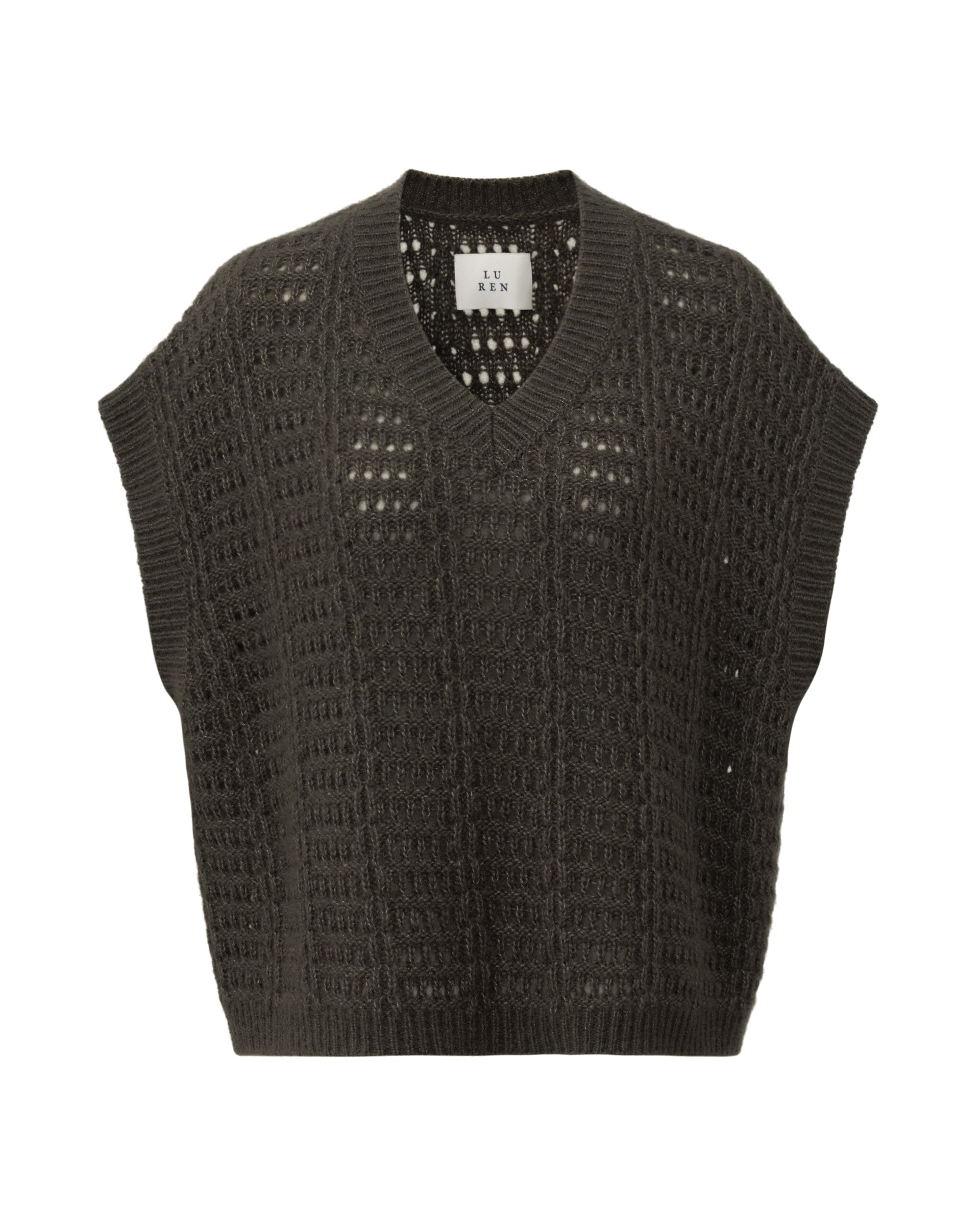 Damen Pullunder aus 75 % Kaschmir und 25 % Seide in Black Forest – Pullover mit Lochstrickmuster in mittelschwerer, leicht transparenter Strickqualität und oversized Passform mit breiter, kurzer Silhouette. Das Modell verfügt über einen großen V-Ausschnitt mit Kragen in Rippstruktur. Ärmelbündchen und Saum sind in Rippstruktur gearbeitet und verleihen dem Design einen modernen, lässigen Look.