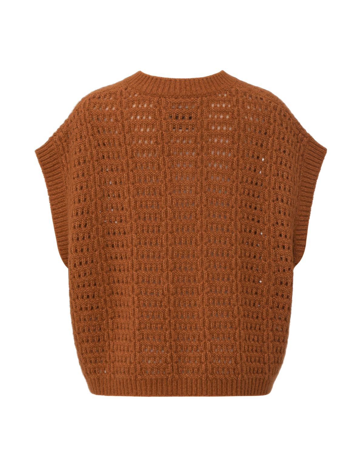 Damen Pullunder aus 75 % Kaschmir und 25 % Seide in Bronze – Pullover mit Lochstrickmuster in mittelschwerer, leicht transparenter Strickqualität und oversized Passform mit breiter, kurzer Silhouette. Das Modell verfügt über einen großen V-Ausschnitt mit Kragen in Rippstruktur. Ärmelbündchen und Saum sind in Rippstruktur gearbeitet und verleihen dem Design einen modernen, lässigen Look.
