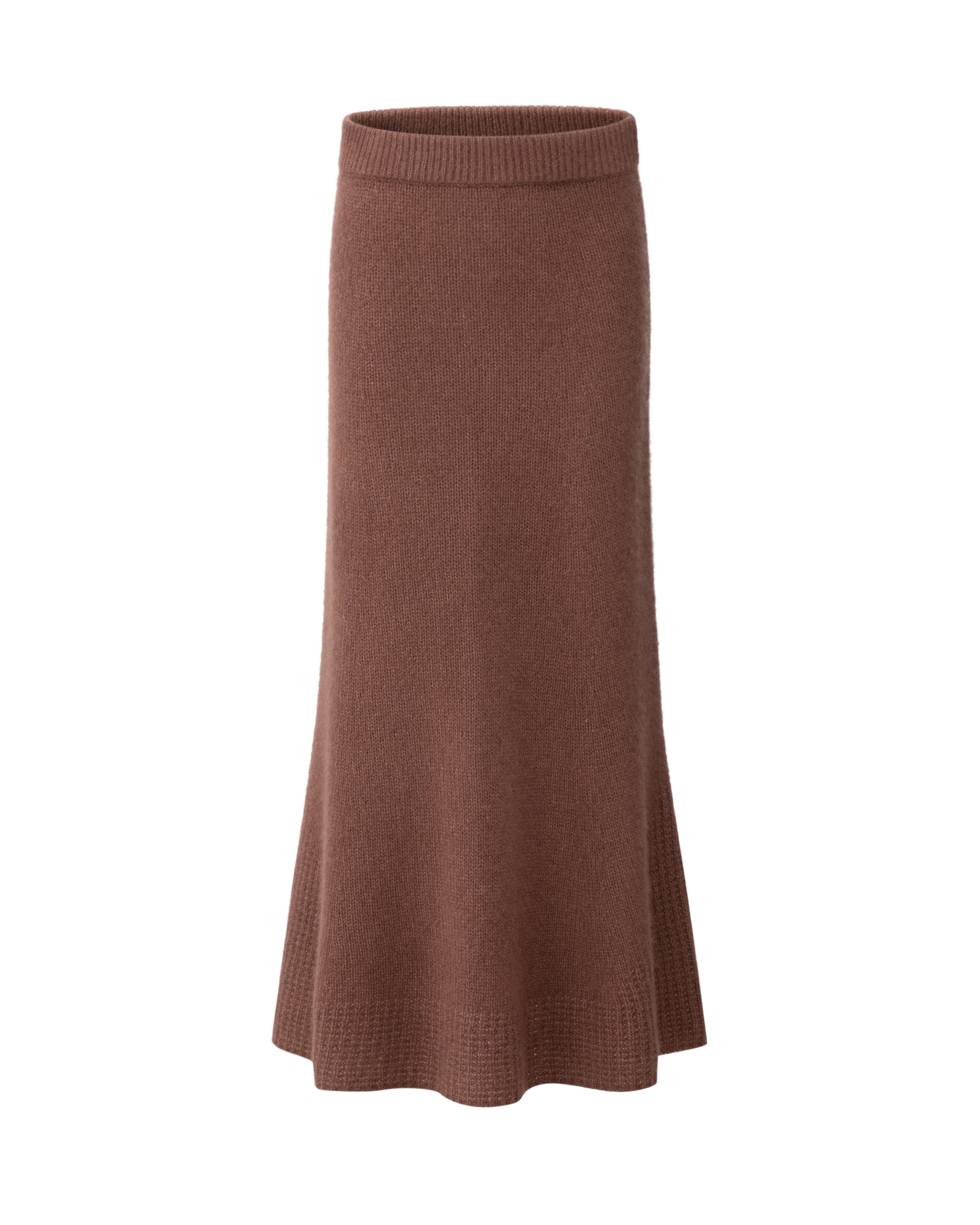 Damen Strickrock aus 75 % Kaschmir und 25 % Seide in Maple – glatt gestrickter Rock in grober Strickqualität mit strukturiertem, grafischem Strickmuster am Saum. Das Modell in figurbetonter A-Linie verfügt über eine Midi-Länge sowie einen Taillenbund mit Gummizug und verbindet zeitlose Eleganz mit modernem Tragekomfort.