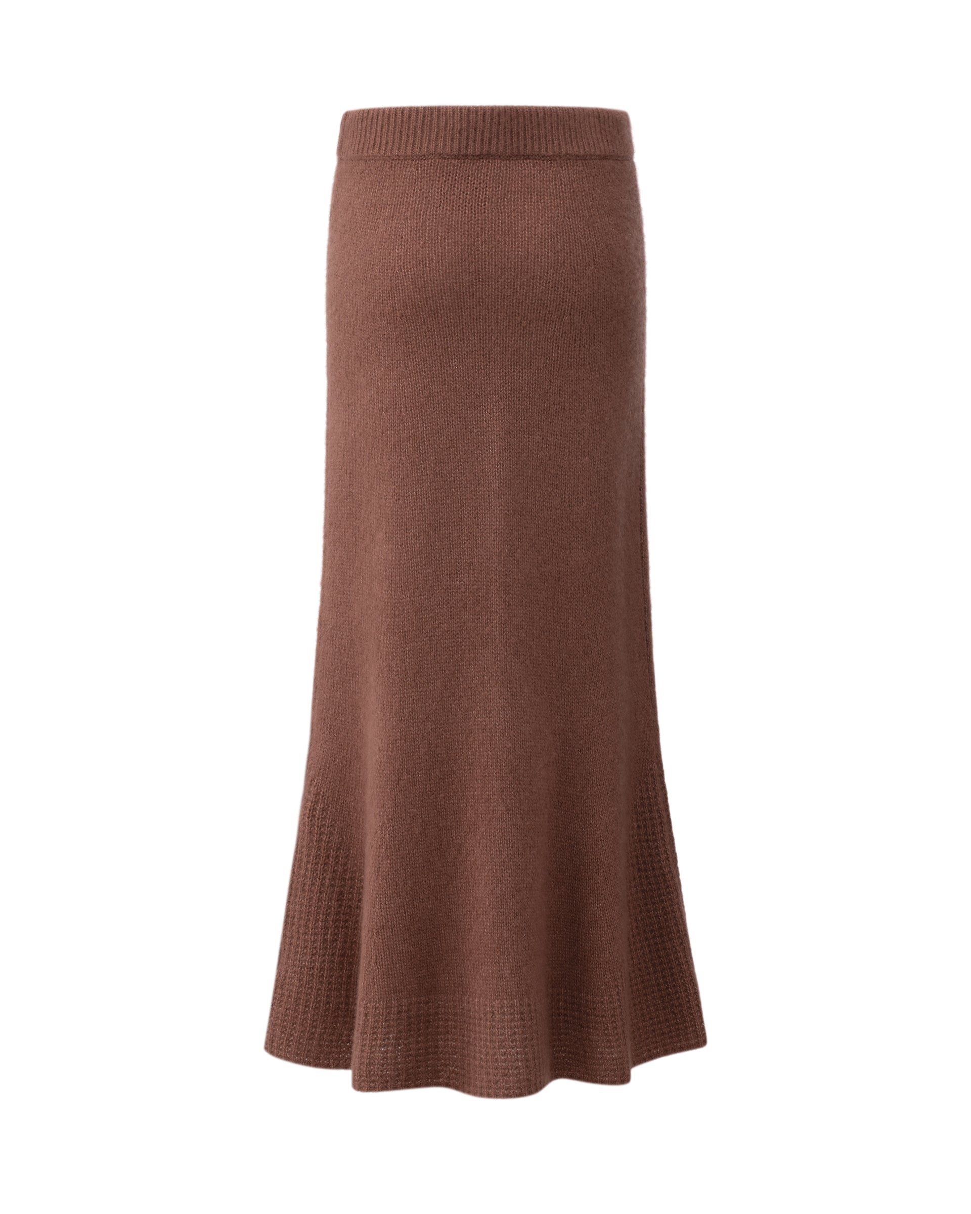 Damen Strickrock aus 75 % Kaschmir und 25 % Seide in Maple – glatt gestrickter Rock in grober Strickqualität mit strukturiertem, grafischem Strickmuster am Saum. Das Modell in figurbetonter A-Linie verfügt über eine Midi-Länge sowie einen Taillenbund mit Gummizug und verbindet zeitlose Eleganz mit modernem Tragekomfort.