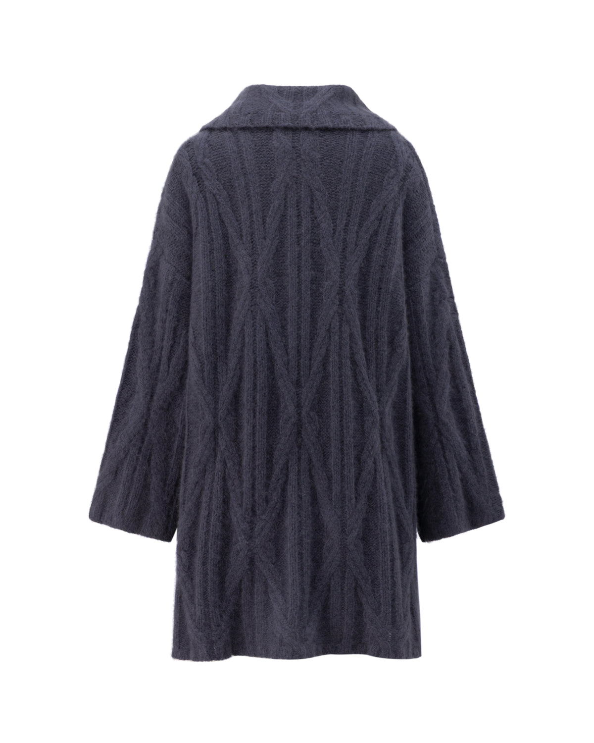 Damen Mantel aus 75% Kaschmir, 25% Seide in Graphite Grey – Mantel aus Grobstrick mit Strukturstrick aus Zopf- und Streifenmuster, breitem, überlappendem Kragen, zwei aufgesetzten Taschen auf Hüfthöhe und langen, weit geschnittenen Ärmeln.