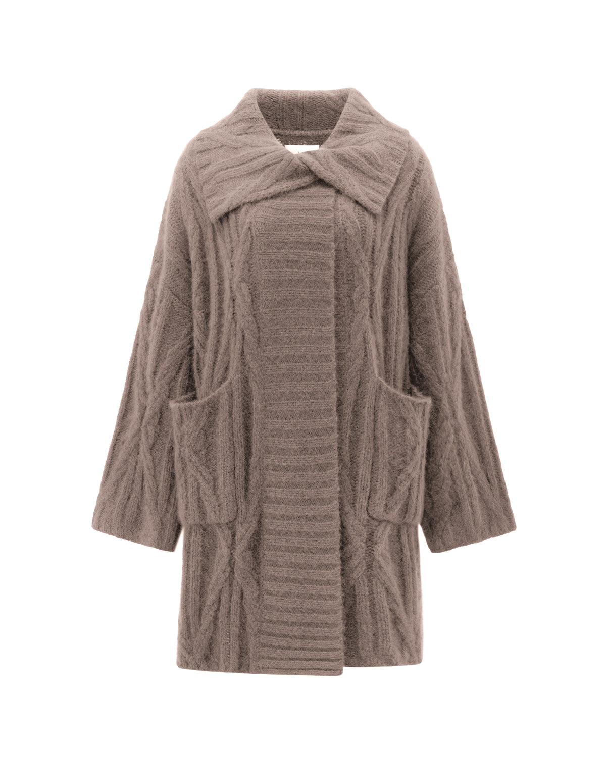 Damen Mantel aus 75% Kaschmir, 25% Seide in Natural Twine – Mantel aus Grobstrick mit Strukturstrick aus Zopf- und Streifenmuster, breitem, überlappendem Kragen, zwei aufgesetzten Taschen auf Hüfthöhe und langen, weit geschnittenen Ärmeln.