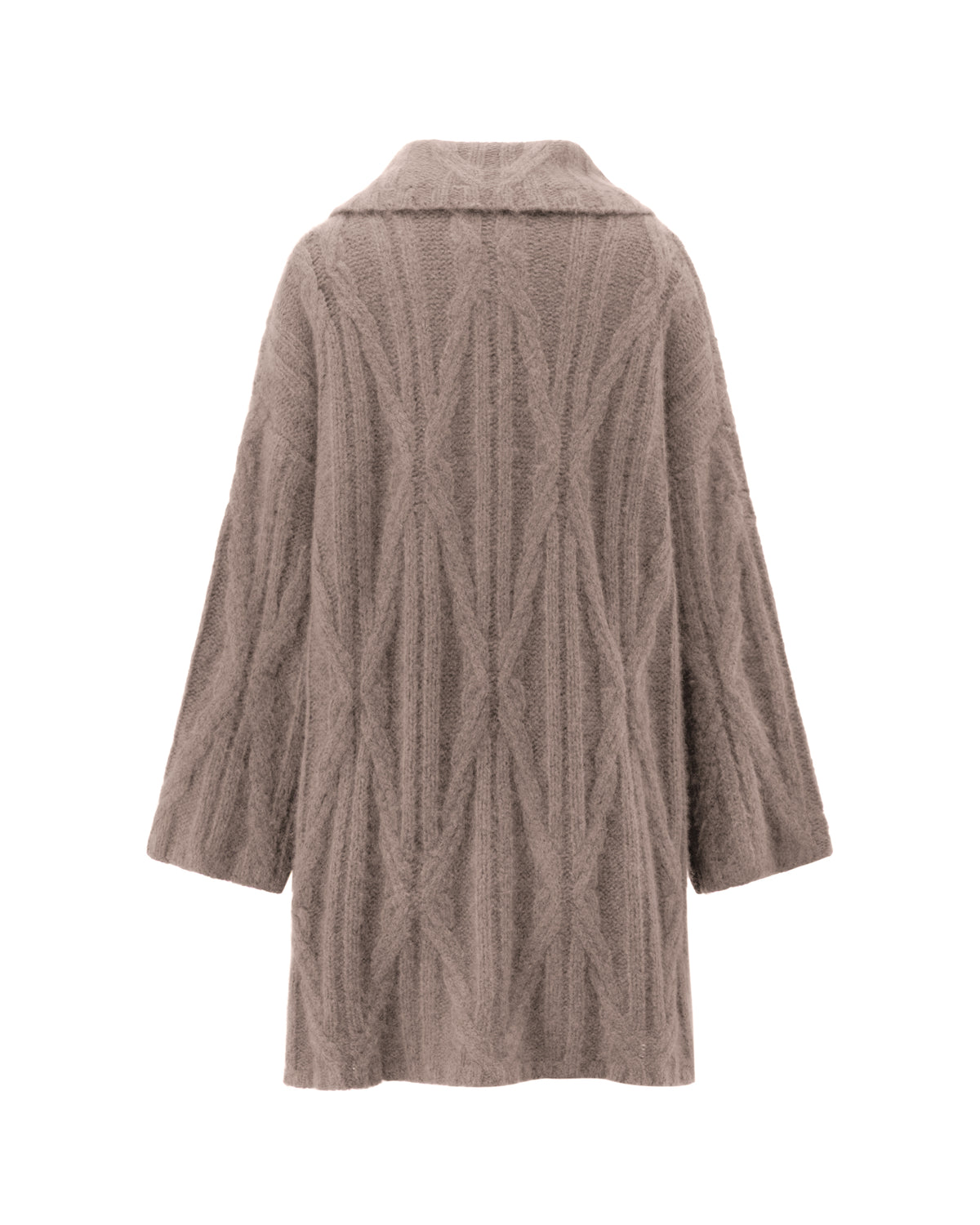 Damen Mantel aus 75% Kaschmir, 25% Seide in Natural Twine – Mantel aus Grobstrick mit Strukturstrick aus Zopf- und Streifenmuster, breitem, überlappendem Kragen, zwei aufgesetzten Taschen auf Hüfthöhe und langen, weit geschnittenen Ärmeln.