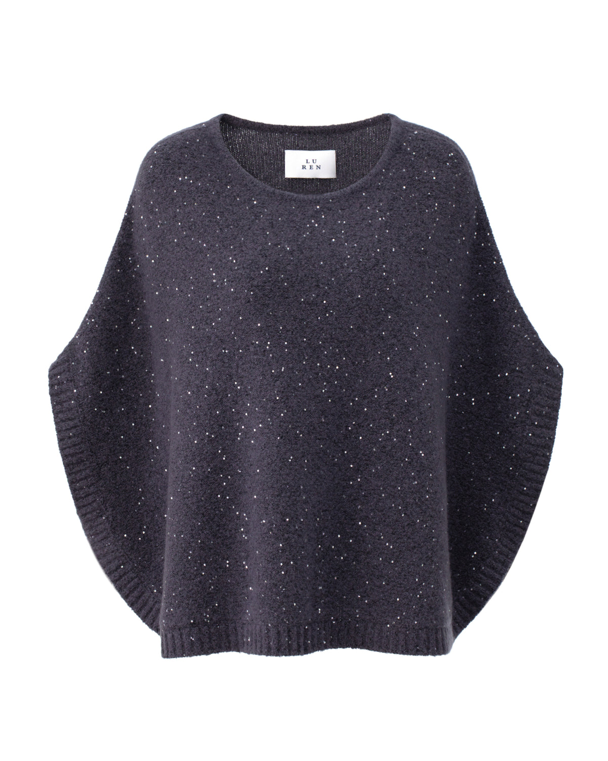 Damen Poncho aus 56% Kaschmir, 28% Baumwolle, 12% Polyamid, 2% Pailletten, 2% Elastan in Graphite Grey – Poncho mit Rundhalsausschnitt und eingearbeiteten Pailletten.