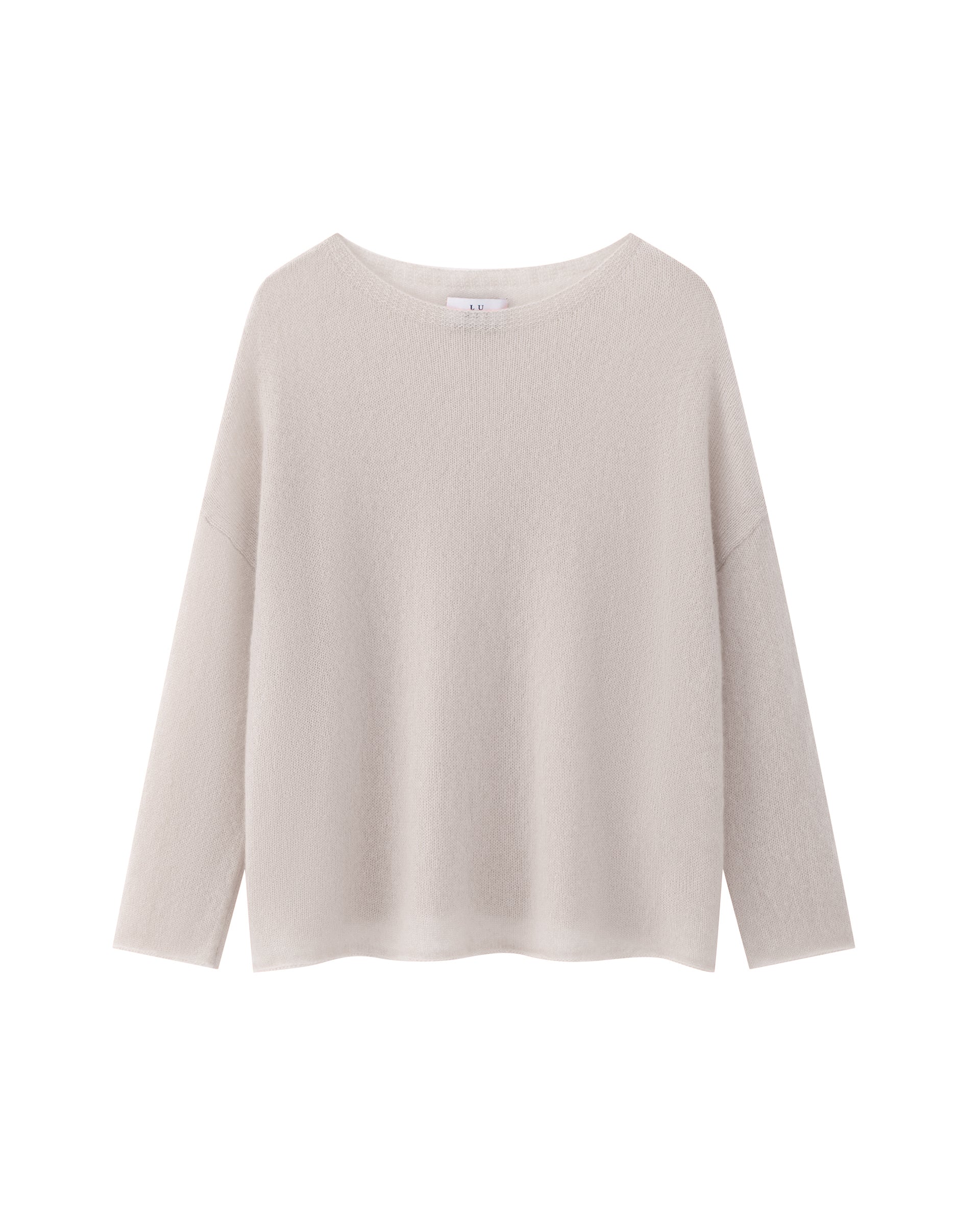 Damen Pullover aus 75 % Kaschmir und 25 % Seide in misty pink (hellrosa) – leichter, luftiger, glatt gestrickter Pullover in langem Oversized-Style mit großem Halsausschnitt und links gestricktem Kragen, überschnittener Schulter sowie langen, relaxten Ärmeln