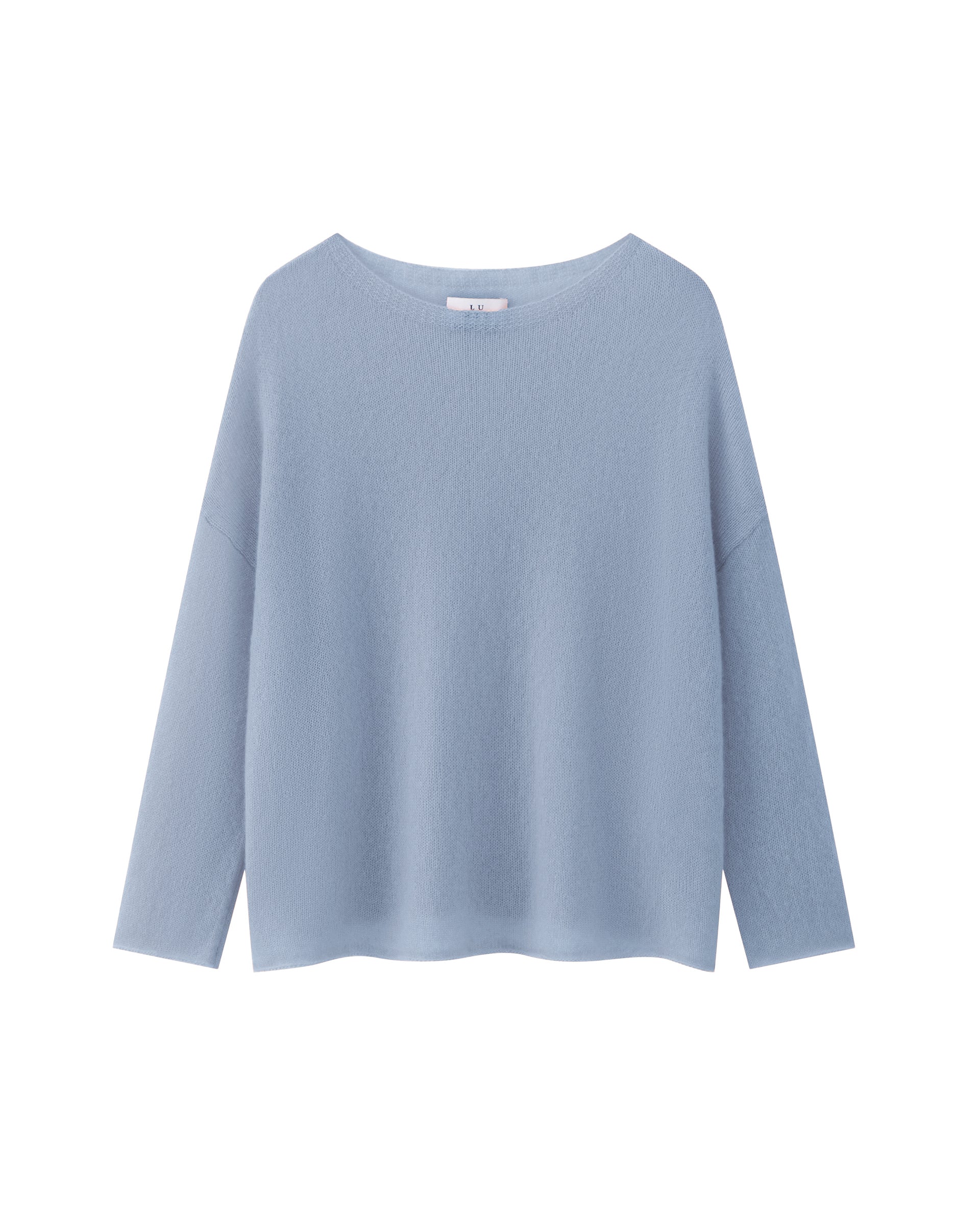 Damen Pullover aus 75 % Kaschmir und 25 % Seide in sky blue (blau) – leichter, luftiger, glatt gestrickter Pullover in langem Oversized-Style mit großem Halsausschnitt und links gestricktem Kragen, überschnittener Schulter sowie langen, relaxten Ärmeln