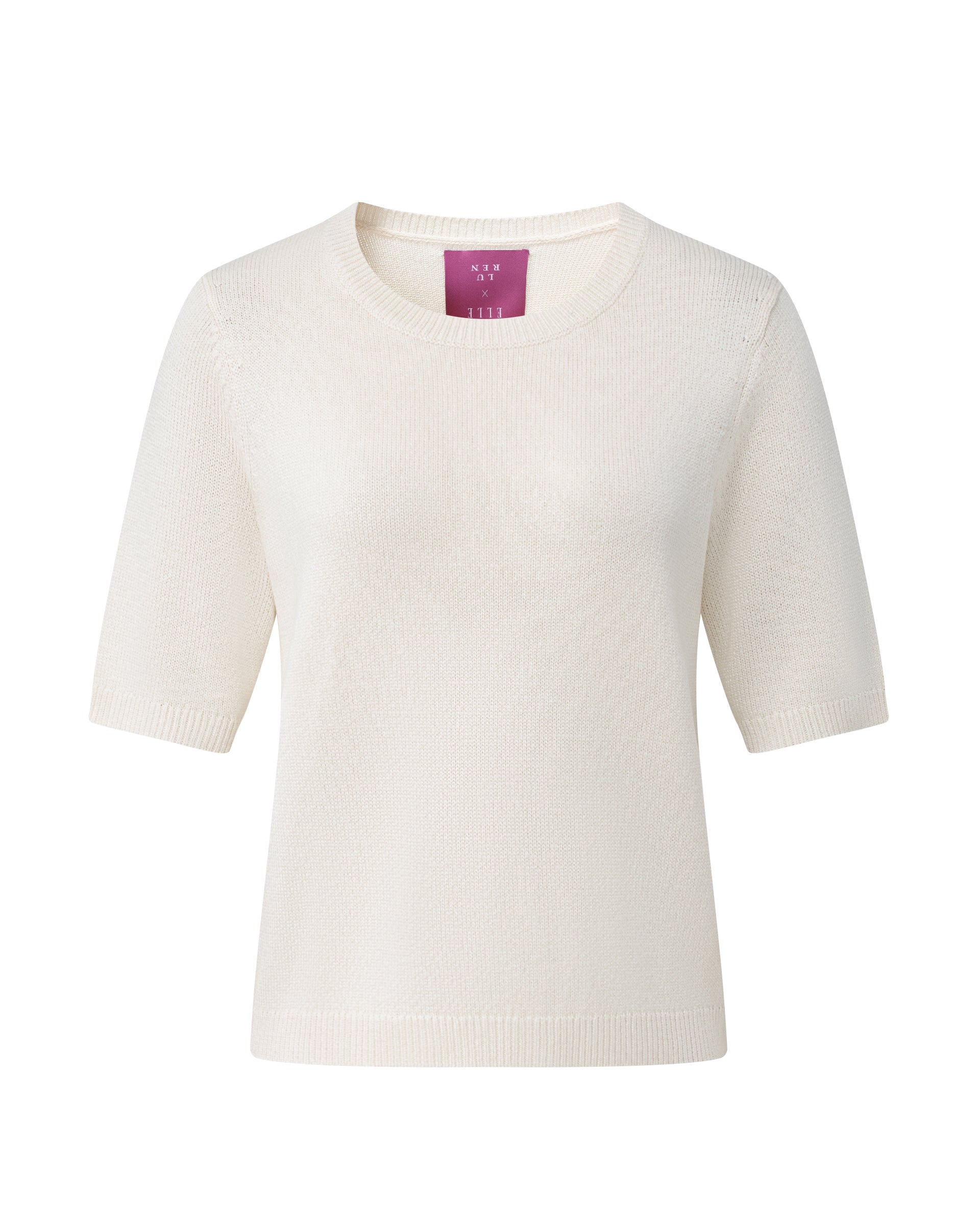 Damen Kurzarm-Pullover aus 100 % Seide in chalk (weiß) – mittelschwerer, glatt gestrickter Cardigan in körperbetonter Passform mit Rundhalsausschnitt und Rippkragen, klassischer Schulterform, Halbärmeln sowie Rippbündchen an Ärmeln und Saum