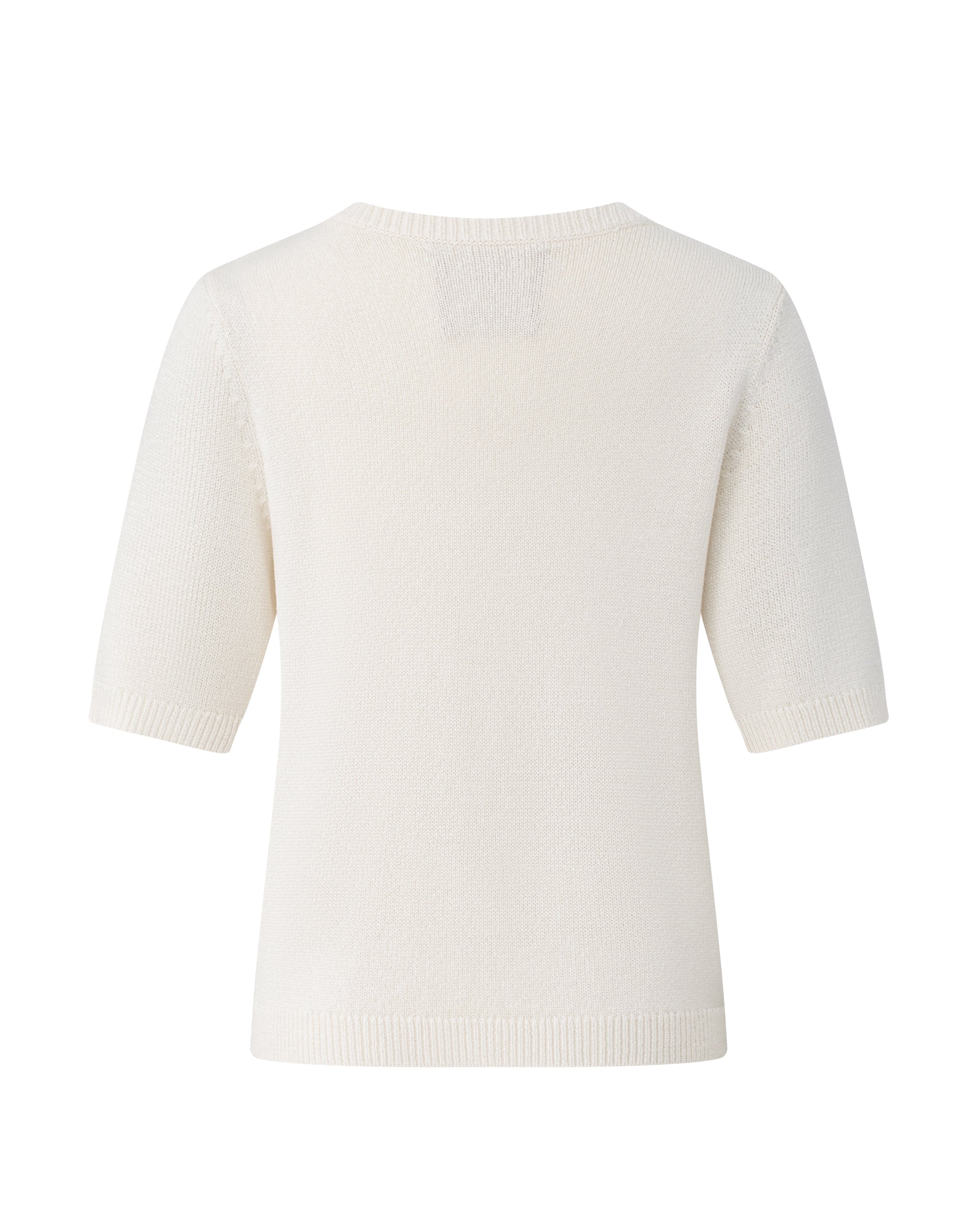 Damen Kurzarm-Pullover aus 100 % Seide in chalk (weiß) – mittelschwerer, glatt gestrickter Cardigan in körperbetonter Passform mit Rundhalsausschnitt und Rippkragen, klassischer Schulterform, Halbärmeln sowie Rippbündchen an Ärmeln und Saum