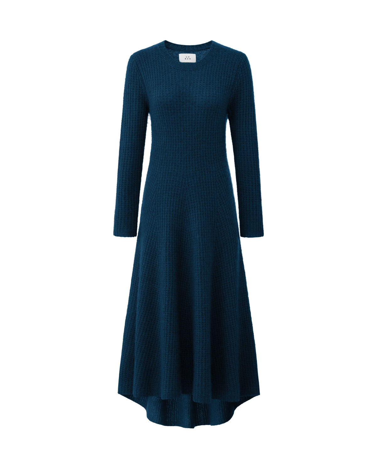 Damen Strickkleid aus 75 % Kaschmir und 25 % Seide in Midnight Teal – Strickkleid mit strukturiertem Strickmuster in mittelschwerer Qualität und körperbetonter Passform, die ab der Taille in eine feminine A-Linie übergeht. Das Modell verfügt über einen Rundhalsausschnitt mit Kragen in Rippstruktur sowie klassische, lange, schmale Ärmel und verbindet zeitlose Eleganz mit einer modernen Silhouette.