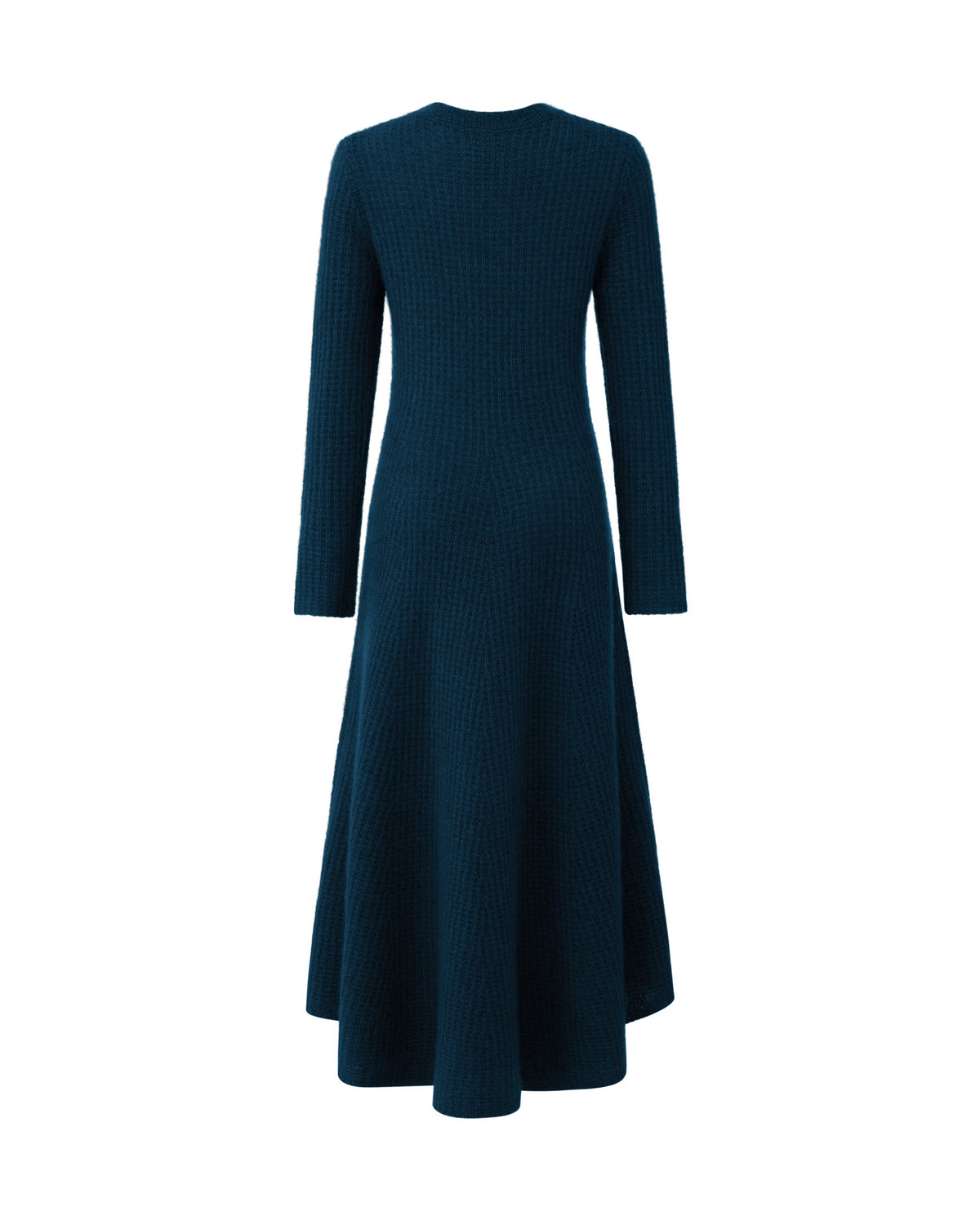 Damen Strickkleid aus 75 % Kaschmir und 25 % Seide in Midnight Teal – Strickkleid mit strukturiertem Strickmuster in mittelschwerer Qualität und körperbetonter Passform, die ab der Taille in eine feminine A-Linie übergeht. Das Modell verfügt über einen Rundhalsausschnitt mit Kragen in Rippstruktur sowie klassische, lange, schmale Ärmel und verbindet zeitlose Eleganz mit einer modernen Silhouette.