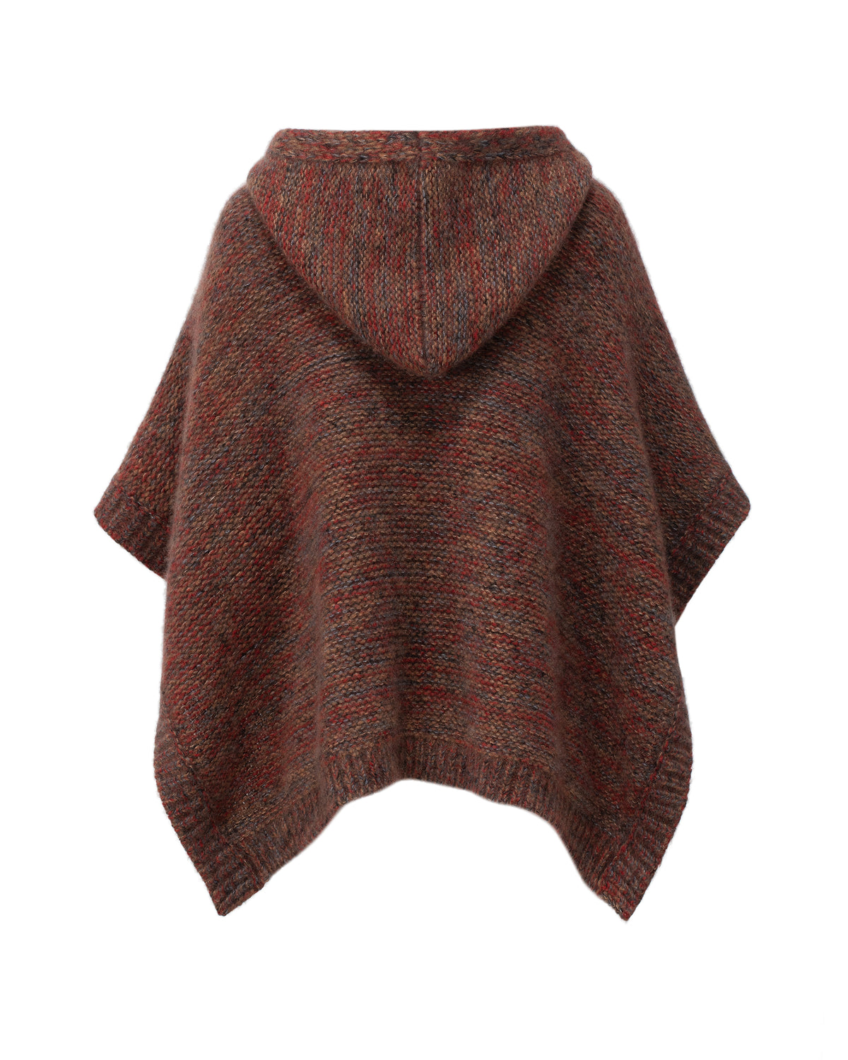 Damen Poncho aus 75% Kaschmir, 25% Seide in Drummond – Mehrfarbig gestrickter Poncho mit Kapuze und Saum in Rippstruktur.