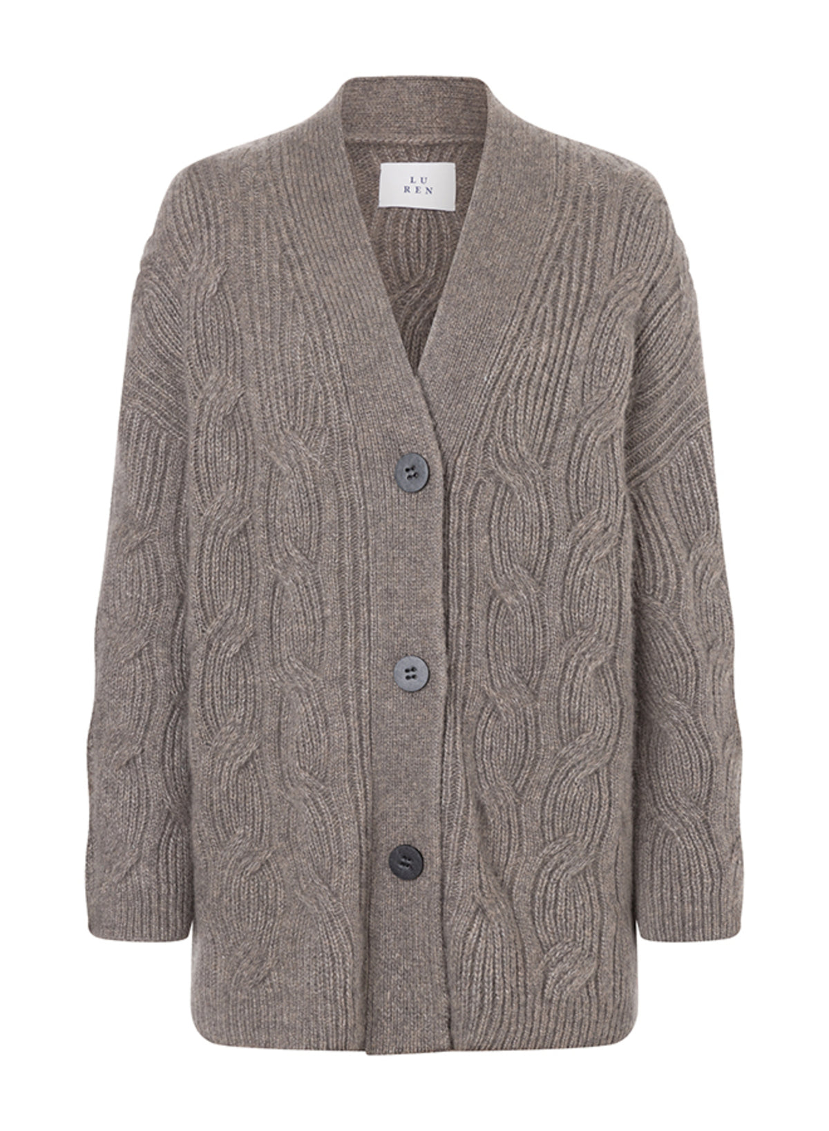 Damen Cardigan aus 75% Kaschmir, 25% Seide in Earth – Cardigan mit Zopfstrickmuster, lockerer Passform, waschbaren Lederknöpfen, langen, relaxten Ärmeln sowie Ärmelbündchen und Saum in Rippstruktur.