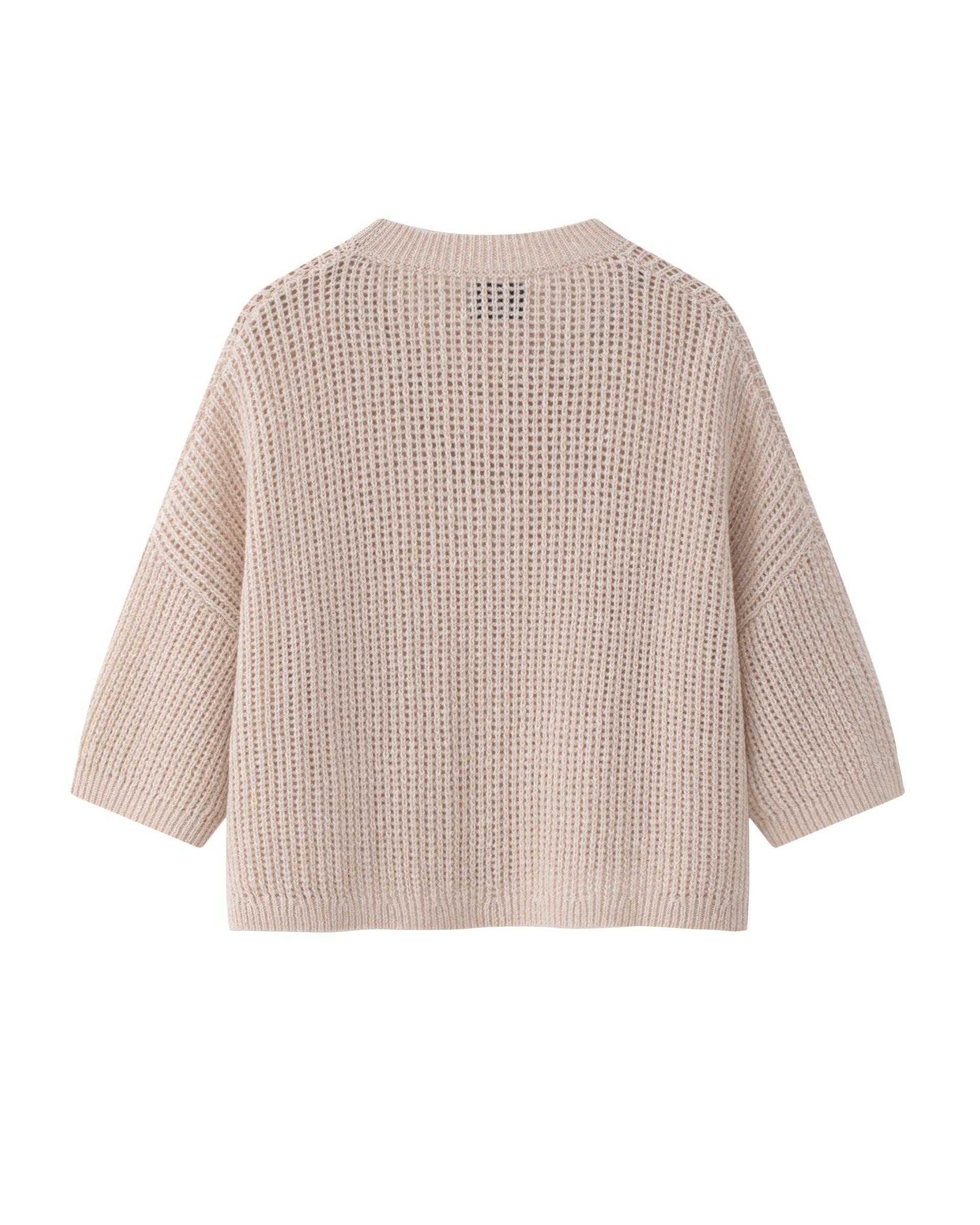 Damen Kurzarm-Pullover aus 63 % Leinen und 37 % Kaschmir in atlas (hellbeige) – mittelschwerer, oversized geschnittener Pullover mit transparentem Lochmuster, großem Rundhalsausschnitt mit Rippkragen, überschnittener Schulter, Halbarm sowie Rippbündchen an Ärmeln und Saum