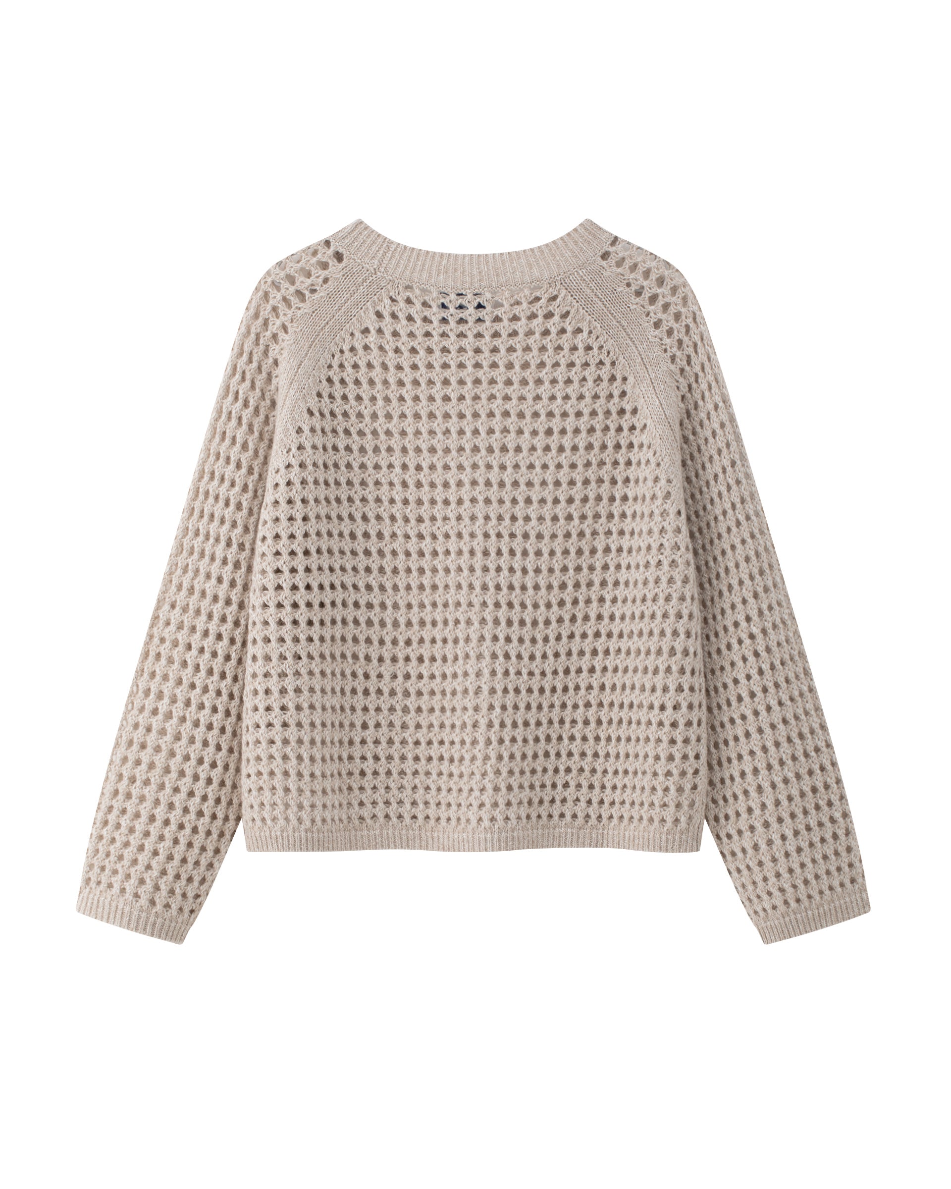 Damen Pullover aus 63 % Leinen und 37 % Kaschmir in barley (hellbeige) – grob gestrickter Pullover mit transparentem Lochmuster in oversized Passform, großem Rundhalsausschnitt mit Rippkragen, Raglanärmeln, langen weiten Ärmeln sowie Rippbündchen an Ärmeln und Saum
