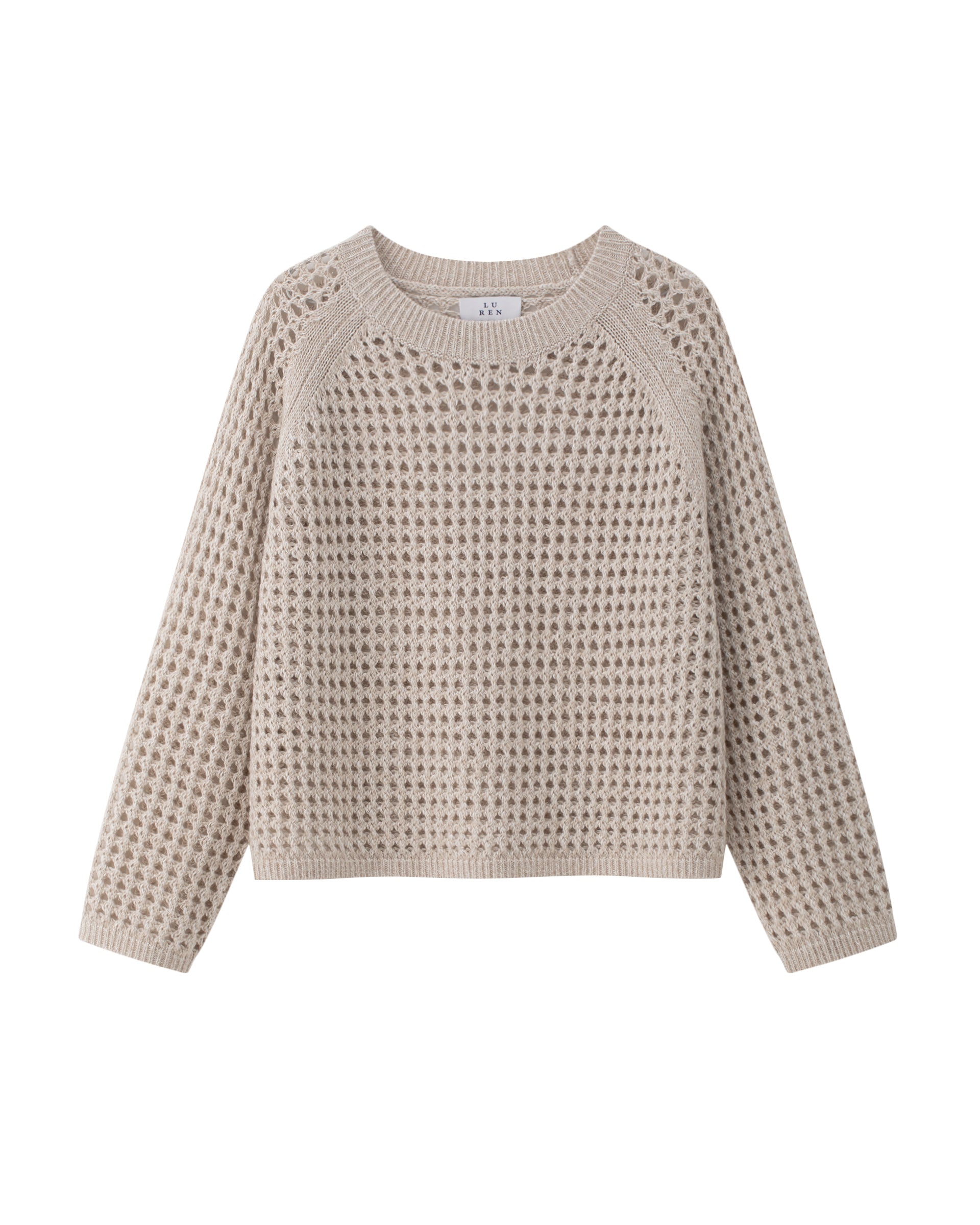 Damen Pullover aus 63 % Leinen und 37 % Kaschmir in barley (hellbeige) – grob gestrickter Pullover mit transparentem Lochmuster in oversized Passform, großem Rundhalsausschnitt mit Rippkragen, Raglanärmeln, langen weiten Ärmeln sowie Rippbündchen an Ärmeln und Saum