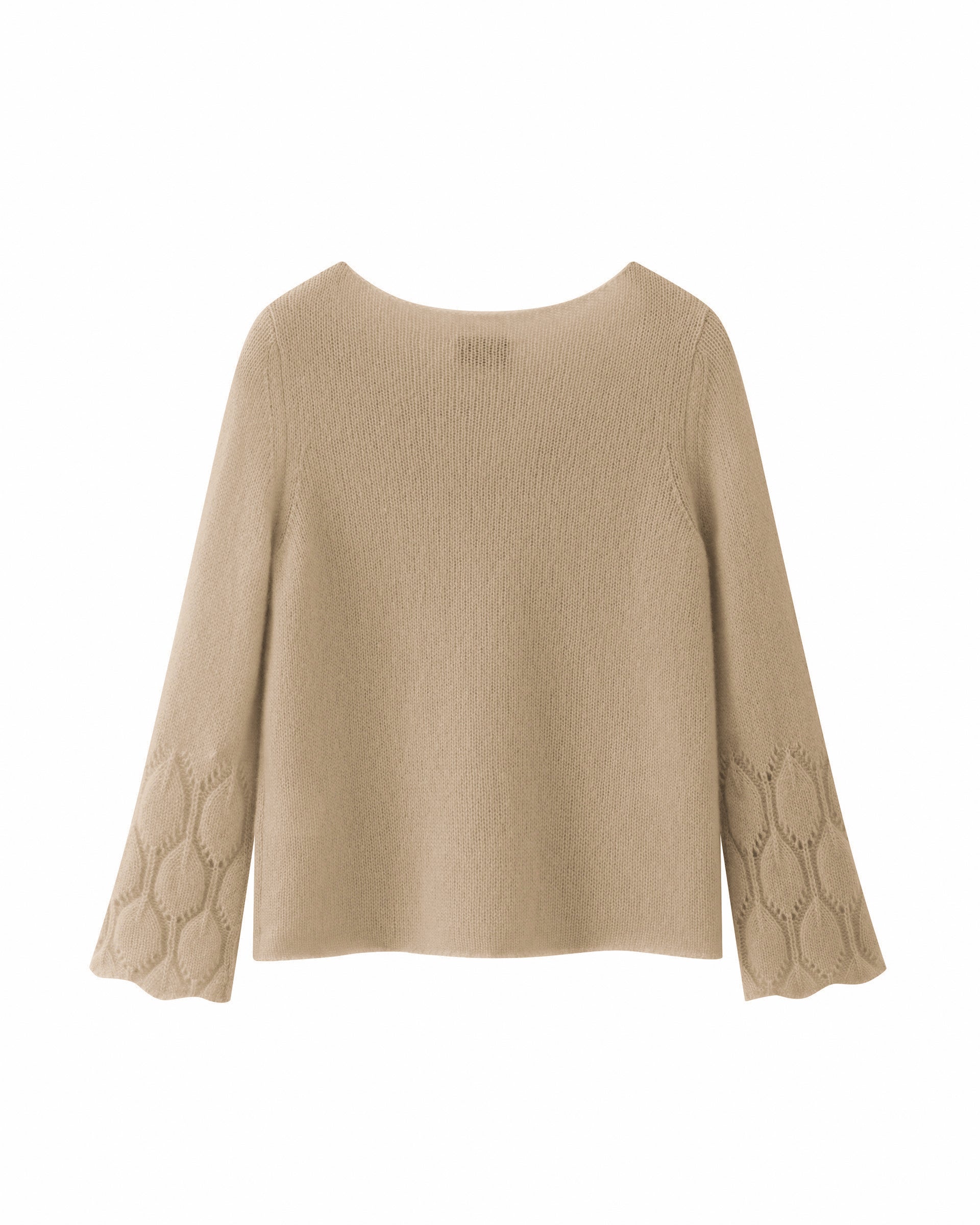 Damen Pullover aus 75 % Kaschmir und 25 % Seide in mokka (beige) – mittelschwerer, glatt gestrickter Pullover mit dekorativem Lochmuster an den Ärmeln, lässig figurbetonter Passform, U-Boot-Ausschnitt, klassischer Schulter sowie langen, schmalen und geraden Ärmeln