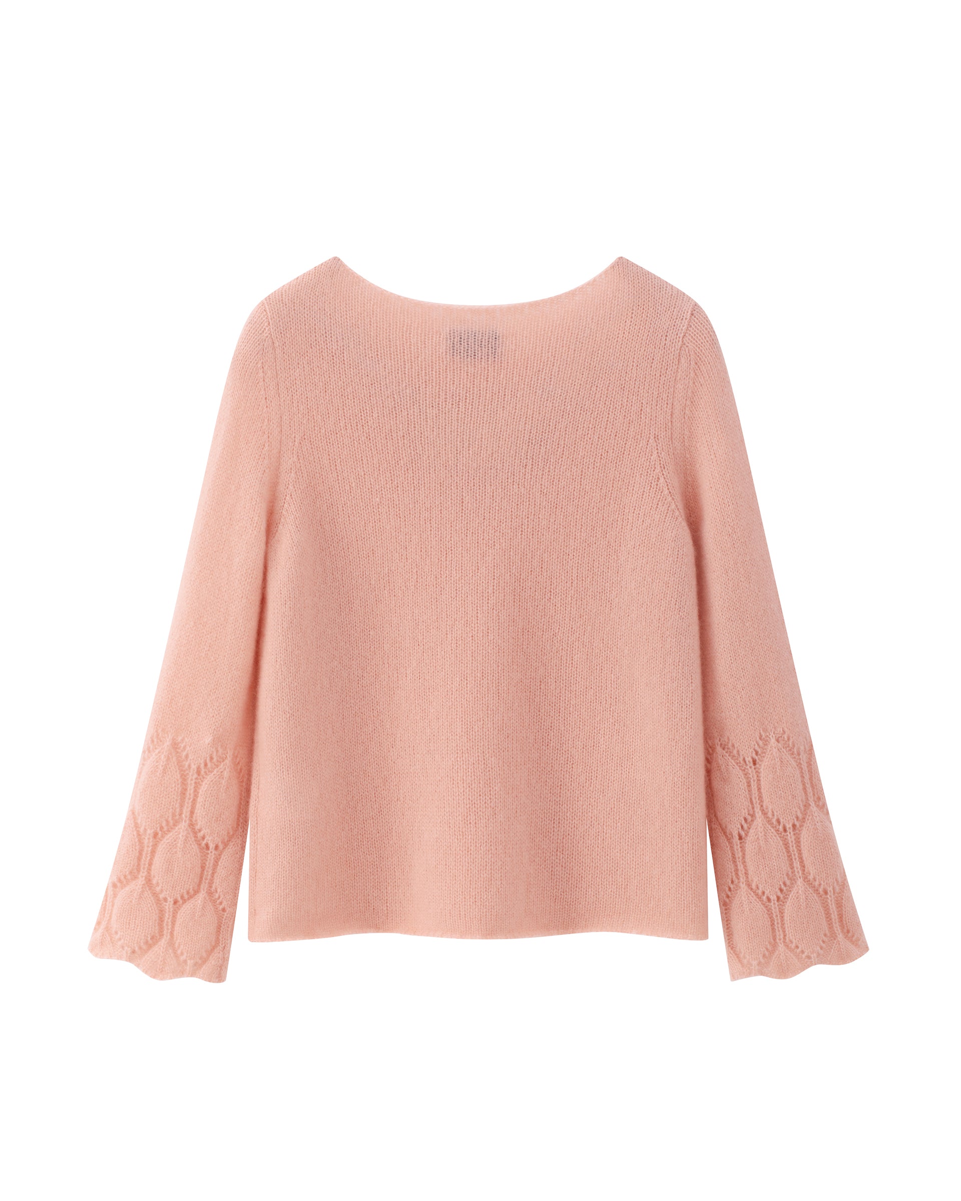 Damen Pullover aus 75 % Kaschmir und 25 % Seide in orange blush (pfirsich) – mittelschwerer, glatt gestrickter Pullover mit dekorativem Lochmuster an den Ärmeln, lässig figurbetonter Passform, U-Boot-Ausschnitt, klassischer Schulter sowie langen, schmalen und geraden Ärmeln