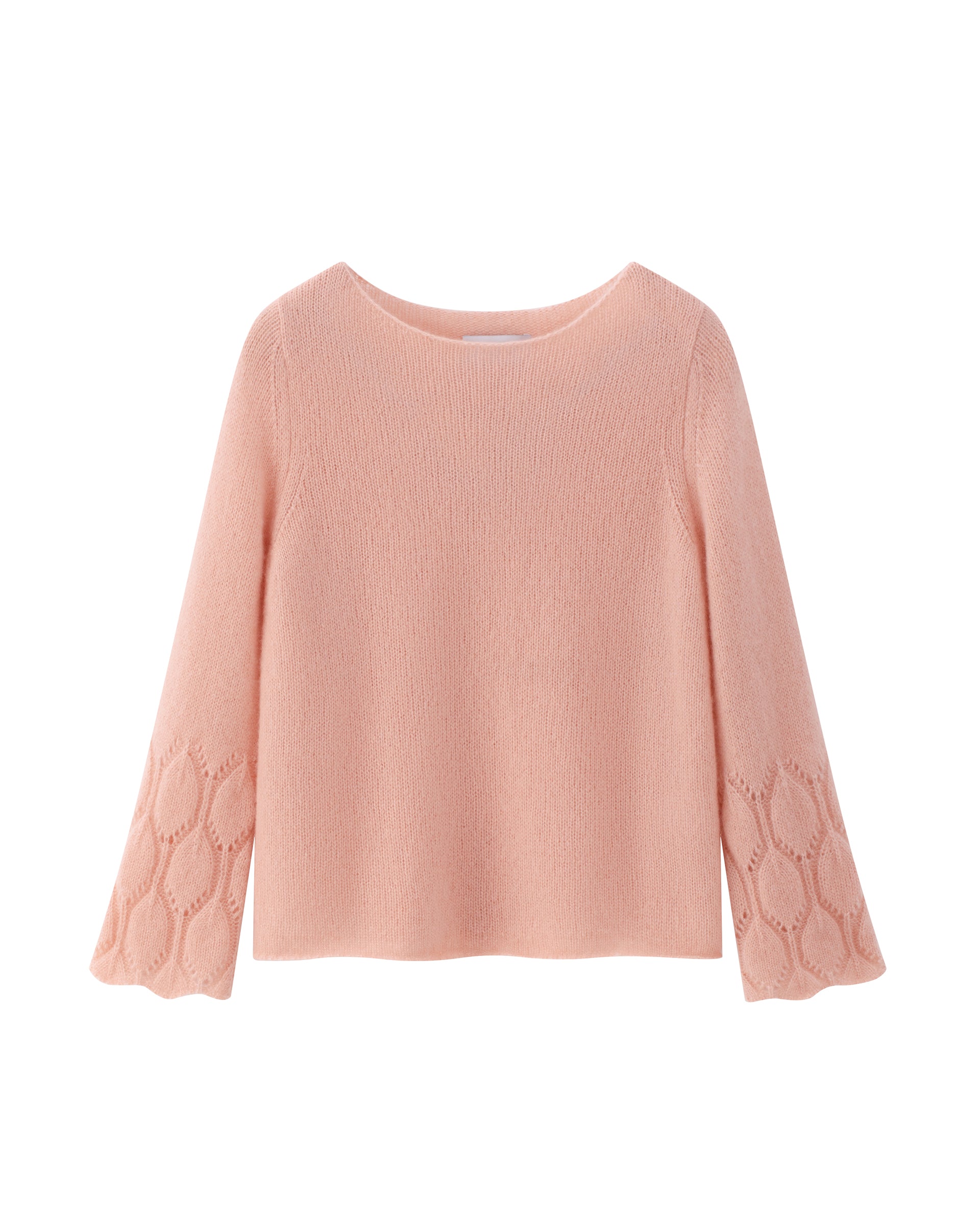 Damen Pullover aus 75 % Kaschmir und 25 % Seide in orange blush (pfirsich) – mittelschwerer, glatt gestrickter Pullover mit dekorativem Lochmuster an den Ärmeln, lässig figurbetonter Passform, U-Boot-Ausschnitt, klassischer Schulter sowie langen, schmalen und geraden Ärmeln