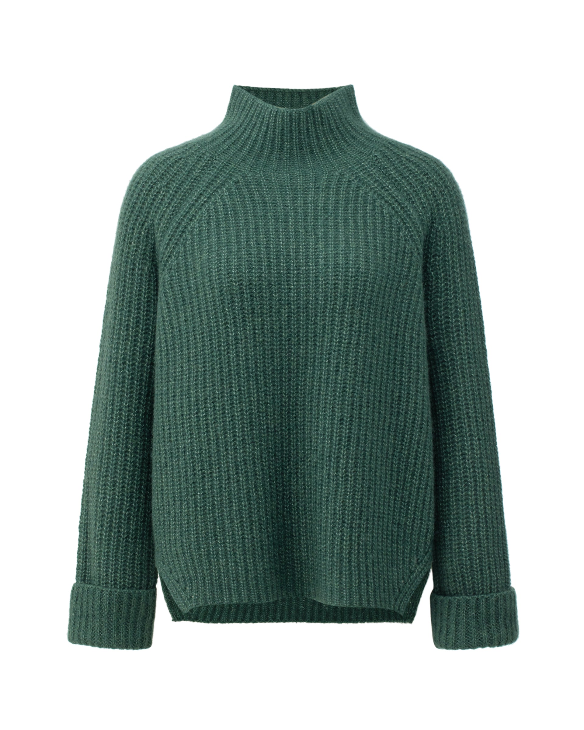 Damen Pullover aus 75 % Kaschmir und 25 % Seide in Emerald – Pullover in grober Halbpatent-Strickstruktur mit locker fallender Passform. Der Stehkragen, Raglanärmel sowie die langen, schmalen Ärmel mit umgeschlagenen Bündchen verleihen dem Modell eine moderne Silhouette. Seitliche Schlitze sorgen für zusätzlichen Tragekomfort und runden das zeitlose Design ab.