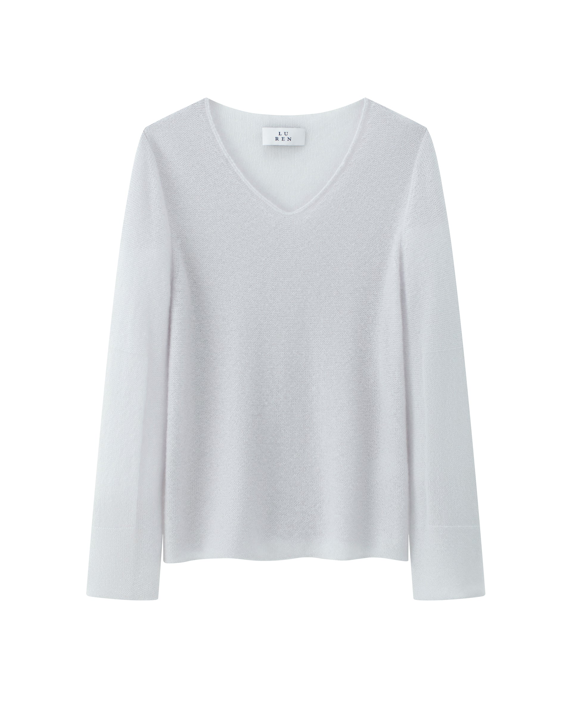 Damen Pullover aus 75 % Kaschmir und 25 % Seide in bluish white (hellblau) – leicht und luftig, links gestrickter Pullover in relaxter, figurbetonter Passform mit V-Ausschnitt, klassischer Schulterform sowie langen, schmalen Ärmeln mit dekorativ eingestrickten Ellenbogen-Patches