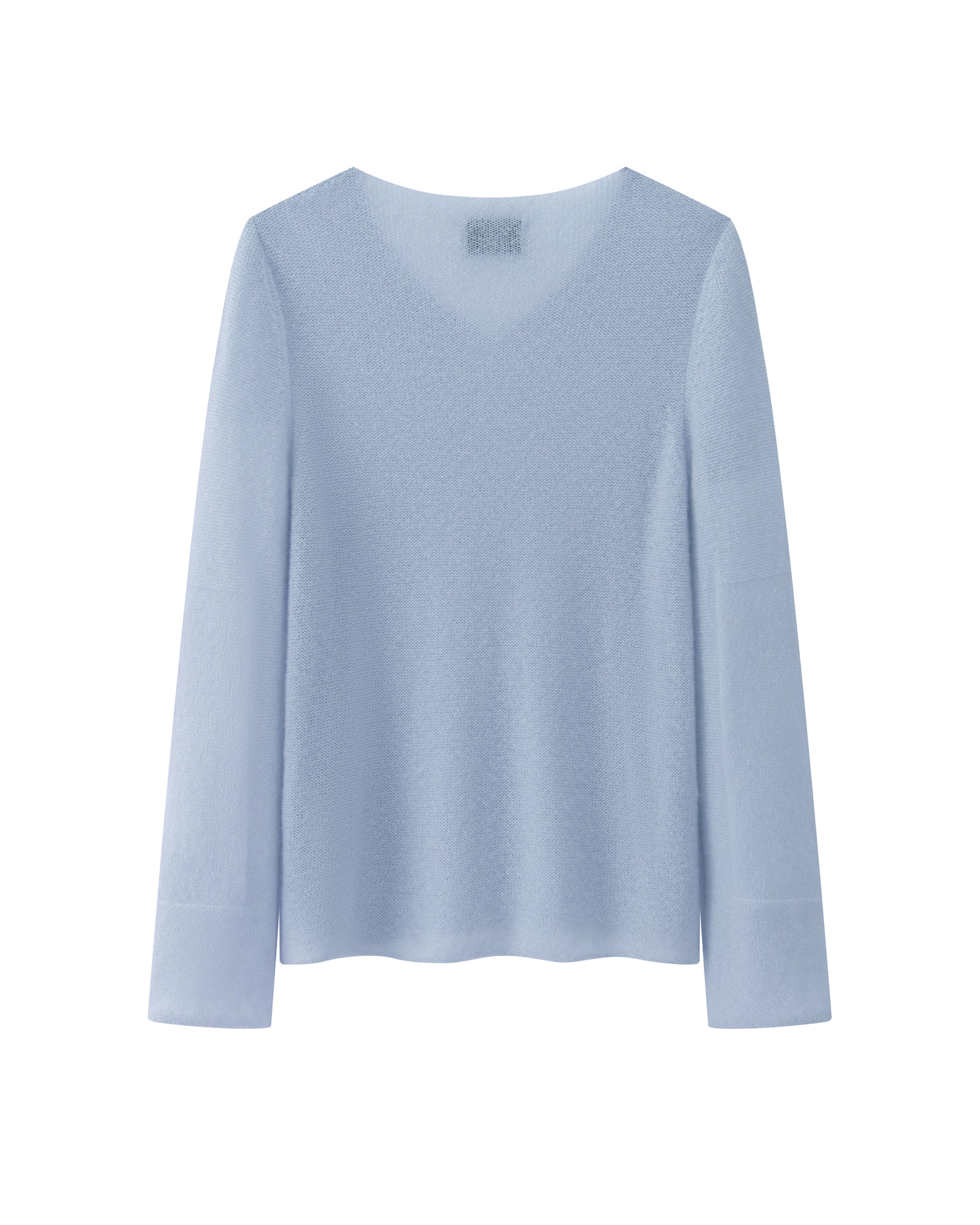 Damen Pullover aus 75 % Kaschmir und 25 % Seide in sky blue (blau) – leicht und luftig, links gestrickter Pullover in relaxter, figurbetonter Passform mit V-Ausschnitt, klassischer Schulterform sowie langen, schmalen Ärmeln mit dekorativ eingestrickten Ellenbogen-Patches
