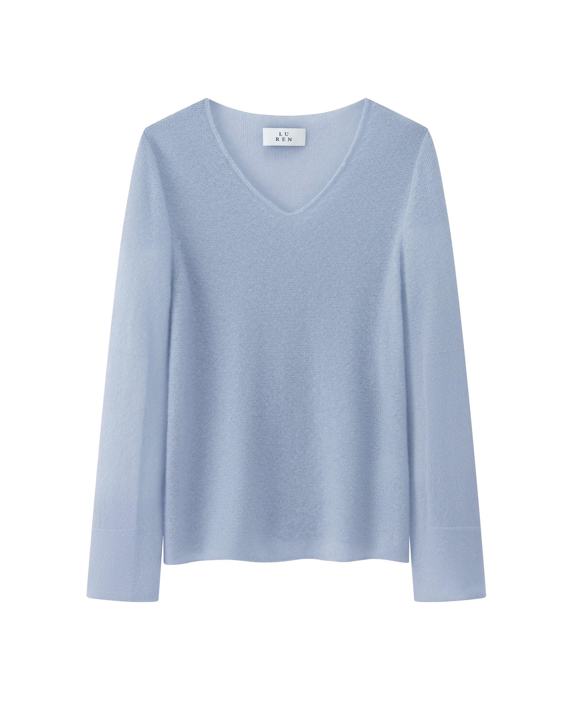 Damen Pullover aus 75 % Kaschmir und 25 % Seide in sky blue (blau) – leicht und luftig, links gestrickter Pullover in relaxter, figurbetonter Passform mit V-Ausschnitt, klassischer Schulterform sowie langen, schmalen Ärmeln mit dekorativ eingestrickten Ellenbogen-Patches
