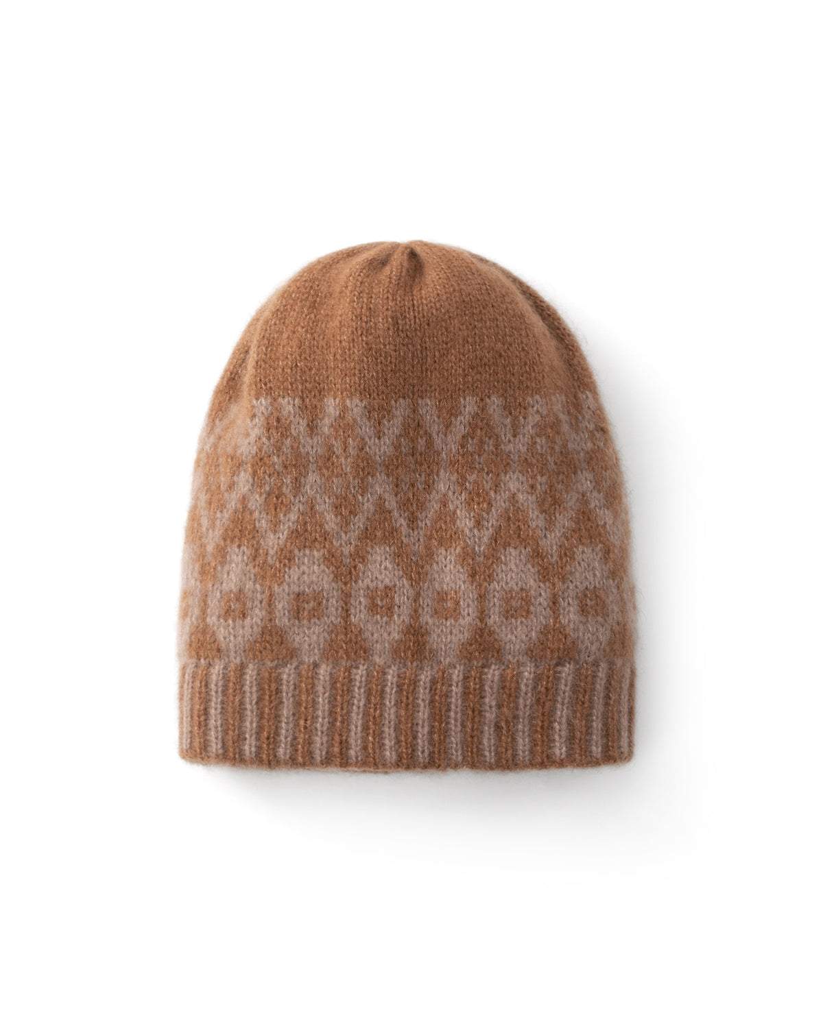 Mütze aus 75% Kaschmir, 25% Seide in Cocoa Twine – Zweifarbig gestrickte Mütze mit geometrischem Jacquardmuster, geripptem Umschlag mit vertikaler Struktur und abgerundeter Form.