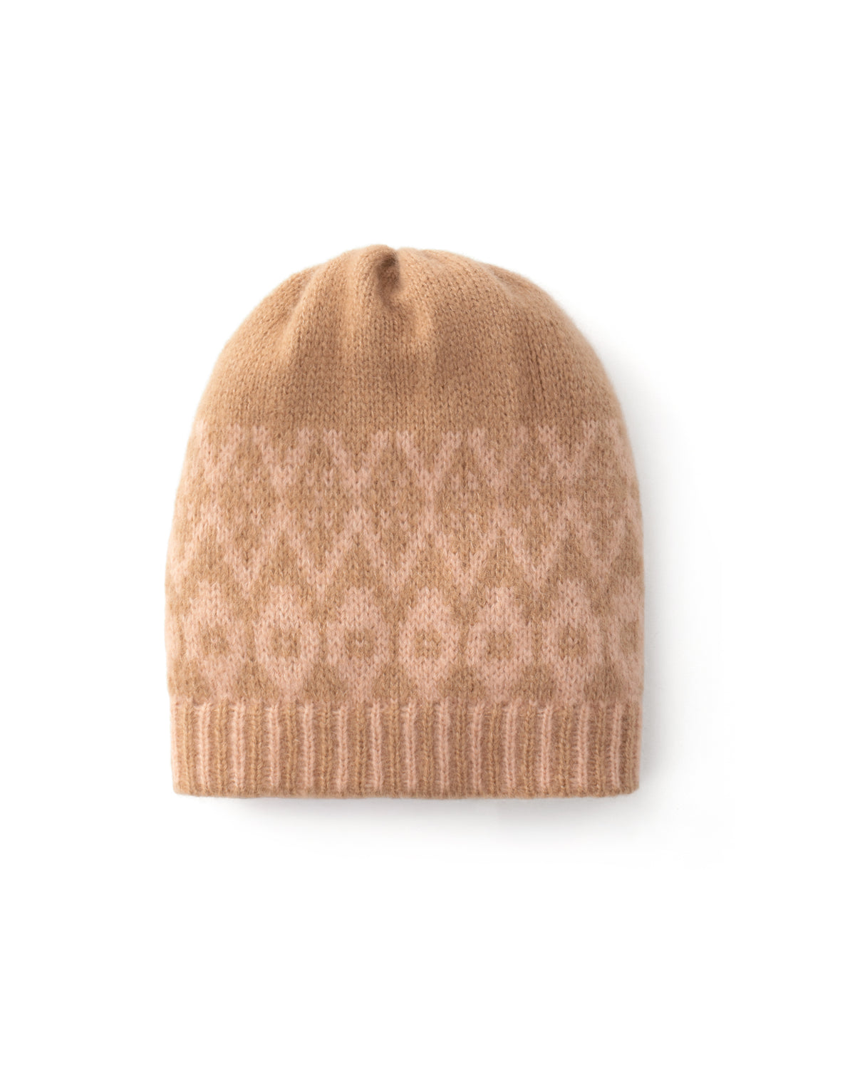 Mütze aus 75% Kaschmir, 25% Seide in Sand Rose – Zweifarbig gestrickte Mütze mit geometrischem Jacquardmuster, geripptem Umschlag mit vertikaler Struktur und abgerundeter Form.