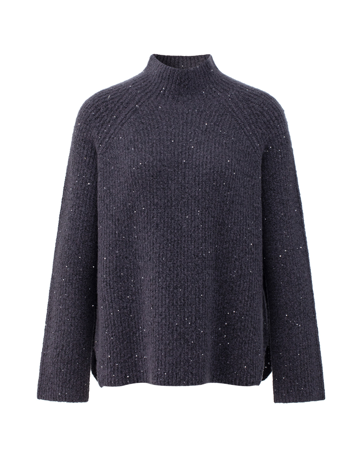 Damen Pullover aus 56 % Kaschmir, 28 % Baumwolle, 12 % Polyamid, 2 % Elastan und 2 % Pailletten in Graphite Grey – Pullover in Halbpatent-Strickstruktur und grober Strickqualität mit locker fallender Passform, Stehkragen, Raglanärmeln sowie langen, schmalen Ärmeln. Schlitze an den Seiten und dezent eingearbeitete Pailletten verleihen dem Modell eine moderne, elegante Ausstrahlung.