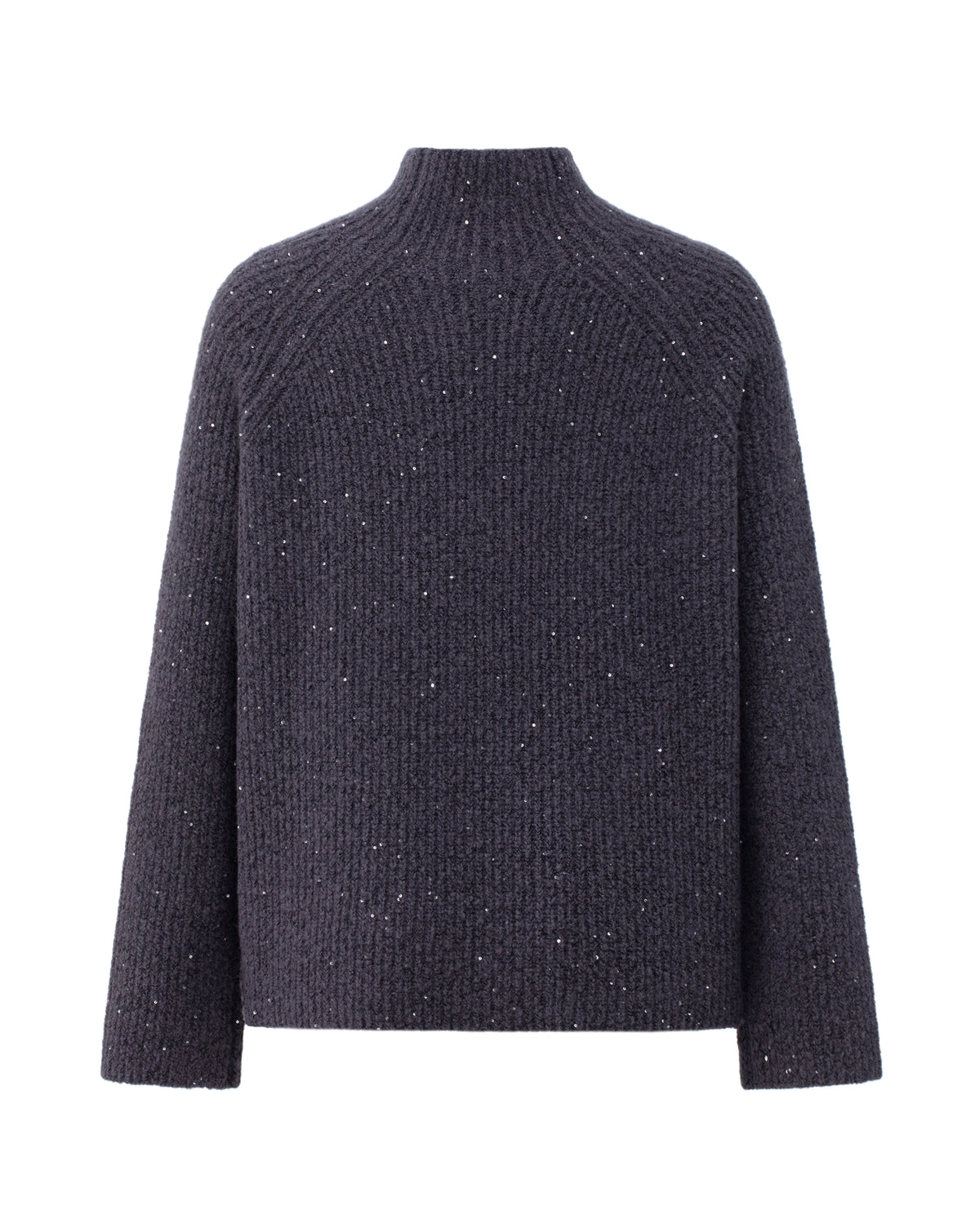 Damen Pullover aus 56 % Kaschmir, 28 % Baumwolle, 12 % Polyamid, 2 % Elastan und 2 % Pailletten in Graphite Grey – Pullover in Halbpatent-Strickstruktur und grober Strickqualität mit locker fallender Passform, Stehkragen, Raglanärmeln sowie langen, schmalen Ärmeln. Schlitze an den Seiten und dezent eingearbeitete Pailletten verleihen dem Modell eine moderne, elegante Ausstrahlung.