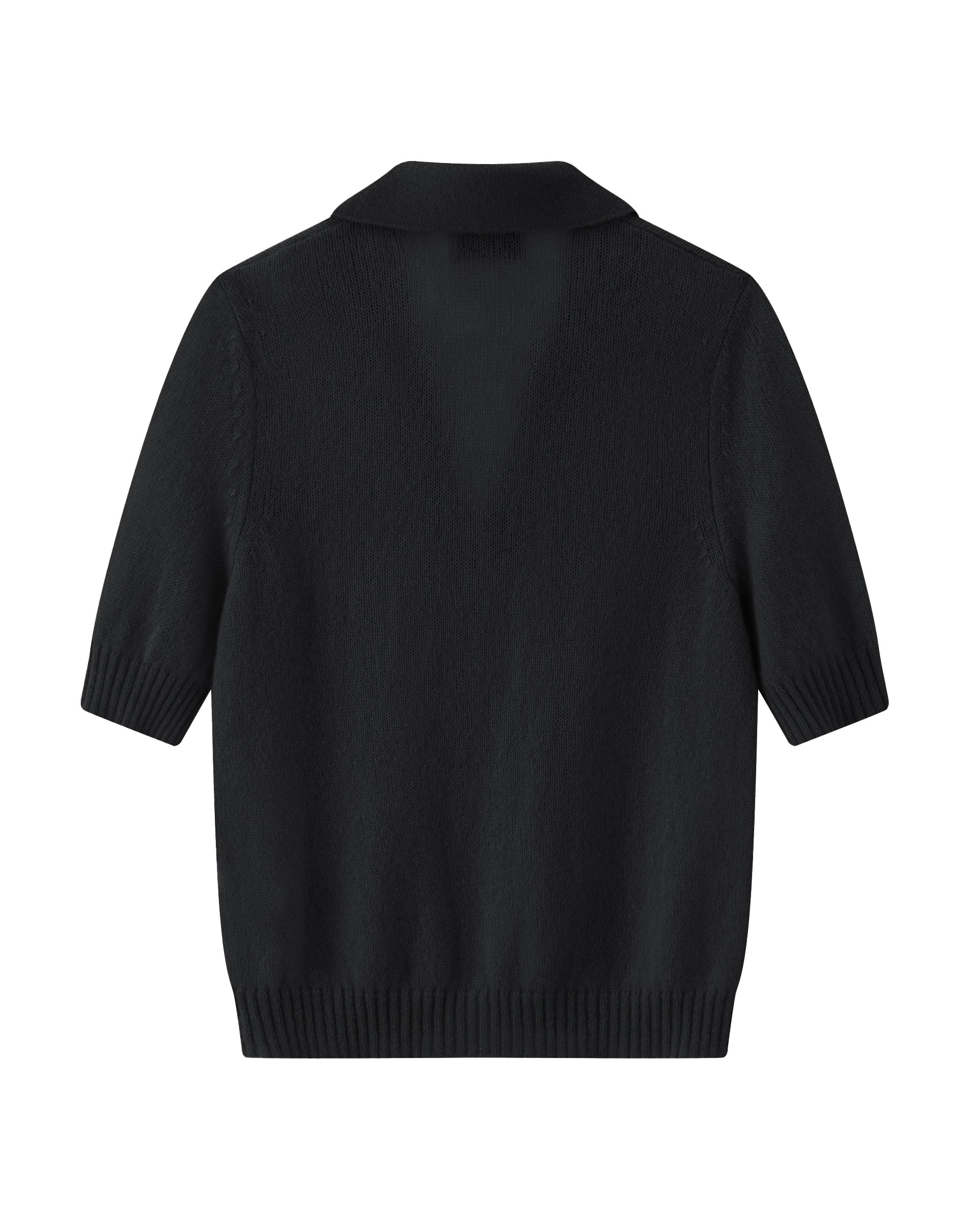 Damen Kurzarm-Pullover in black (schwarz) aus Kaschmir-Seide – leichter luftiger Strick mit Polokragen, Halbarm und relaxter Passform