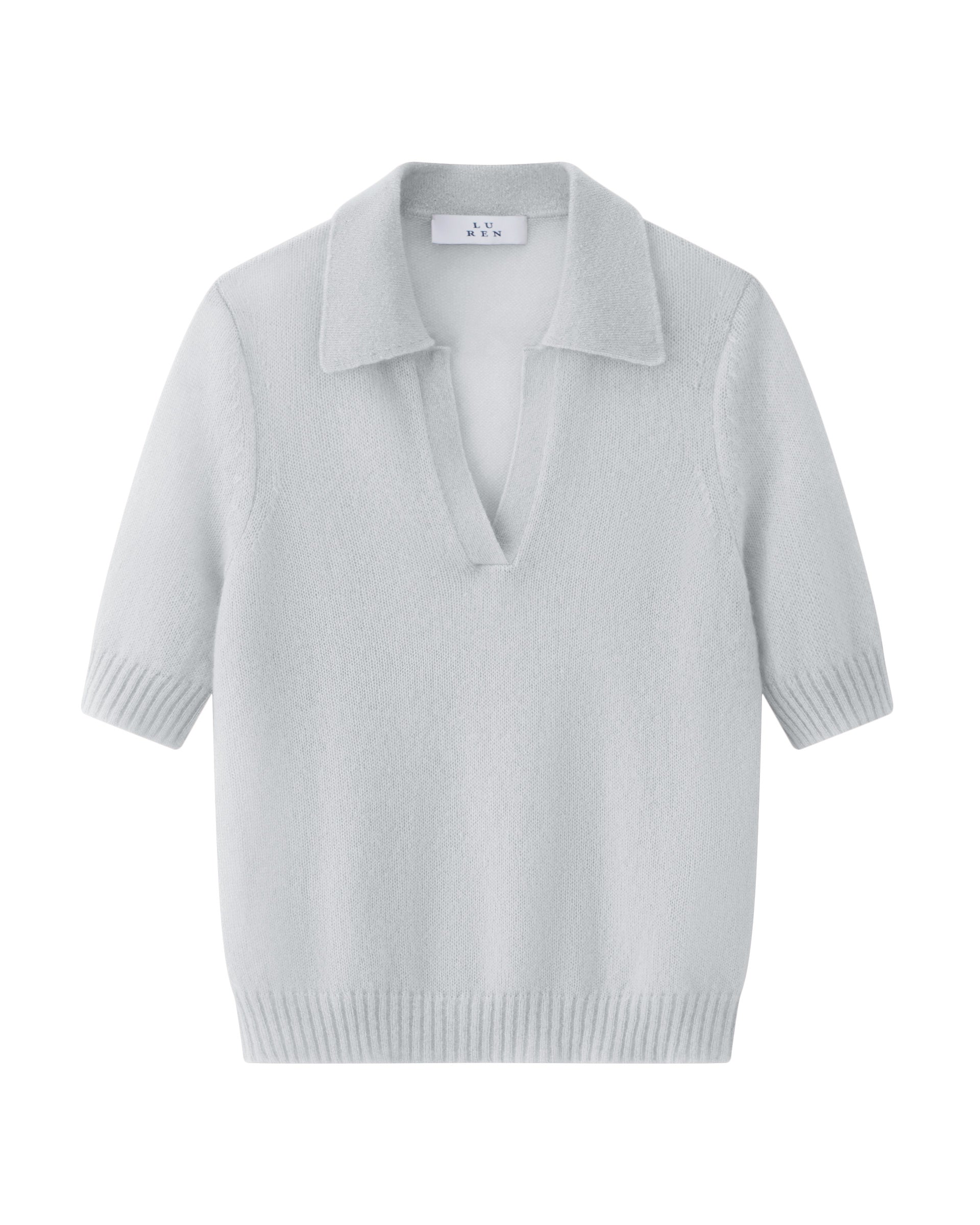 Damen Kurzarm-Pullover in bluish white (hellblau) aus Kaschmir-Seide – leichter luftiger Strick mit Polokragen, Halbarm und relaxter Passform