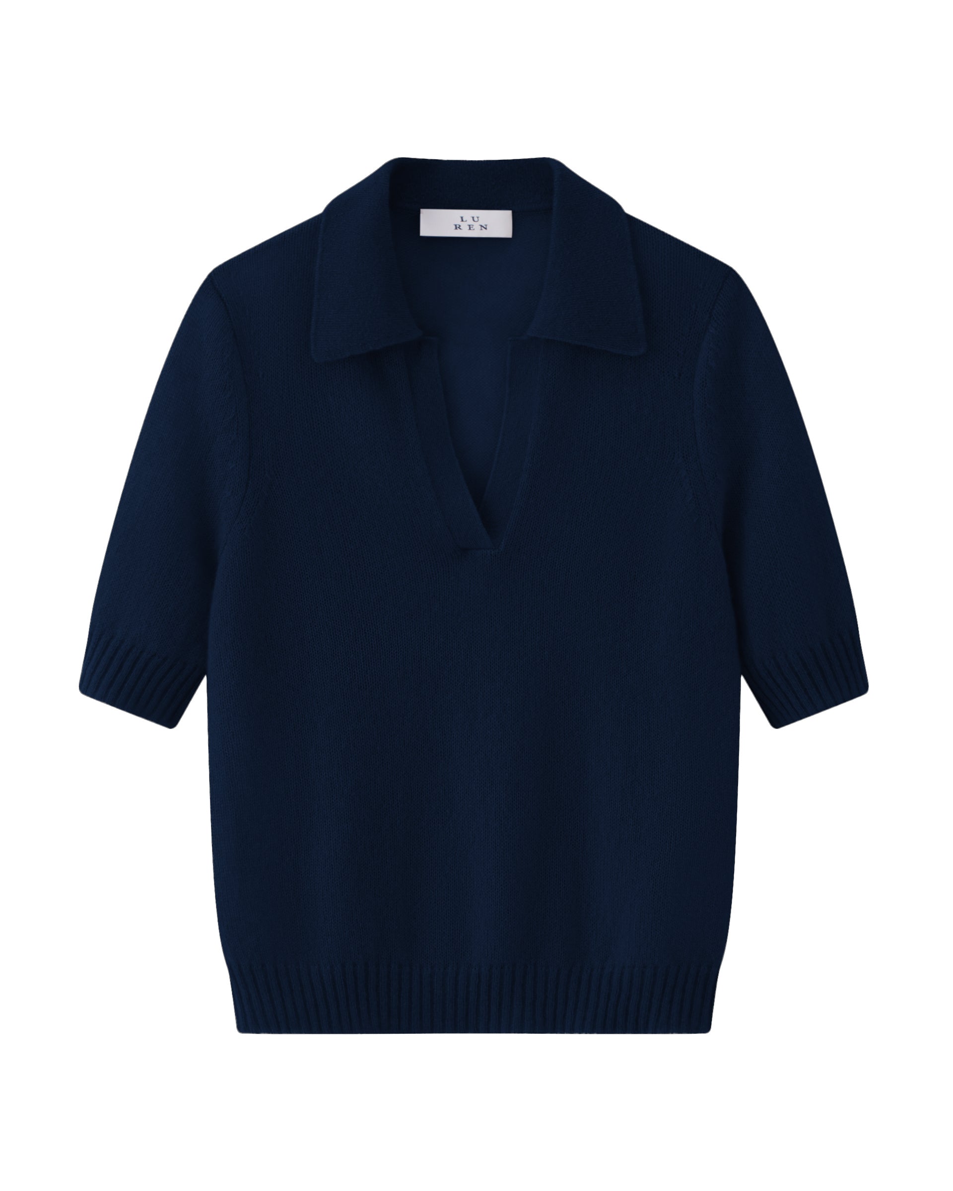 Damen Kurzarm-Pullover in French Navy (dunkelblau) aus Kaschmir-Seide – leichter luftiger Strick mit Polokragen, Halbarm und relaxter Passform