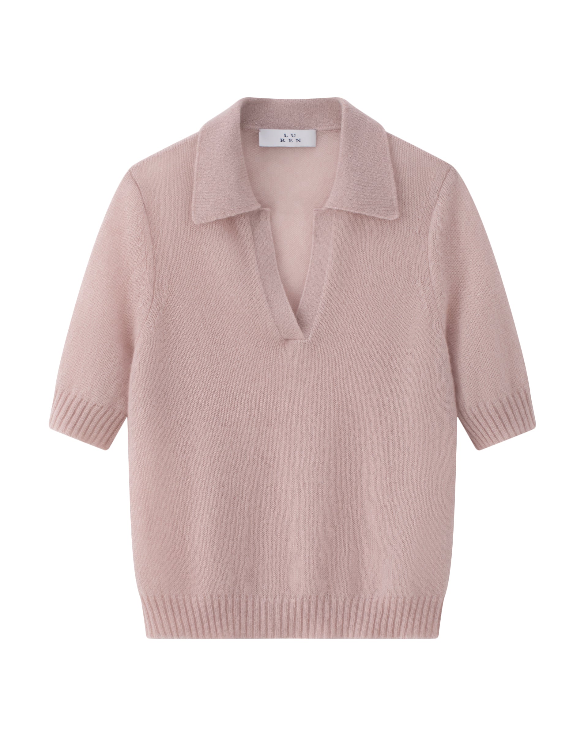Damen Kurzarm-Pullover in pinkish grey (rosa) aus Kaschmir-Seide – leichter luftiger Strick mit Polokragen, Halbarm und relaxter Passform