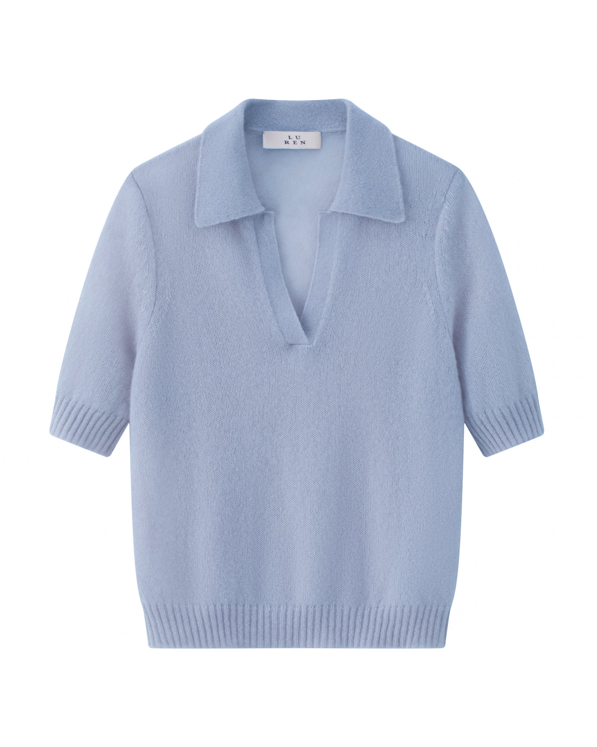 Damen Kurzarm-Pullover in sky blue (blau) aus Kaschmir-Seide – leichter luftiger Strick mit Polokragen, Halbarm und relaxter Passform