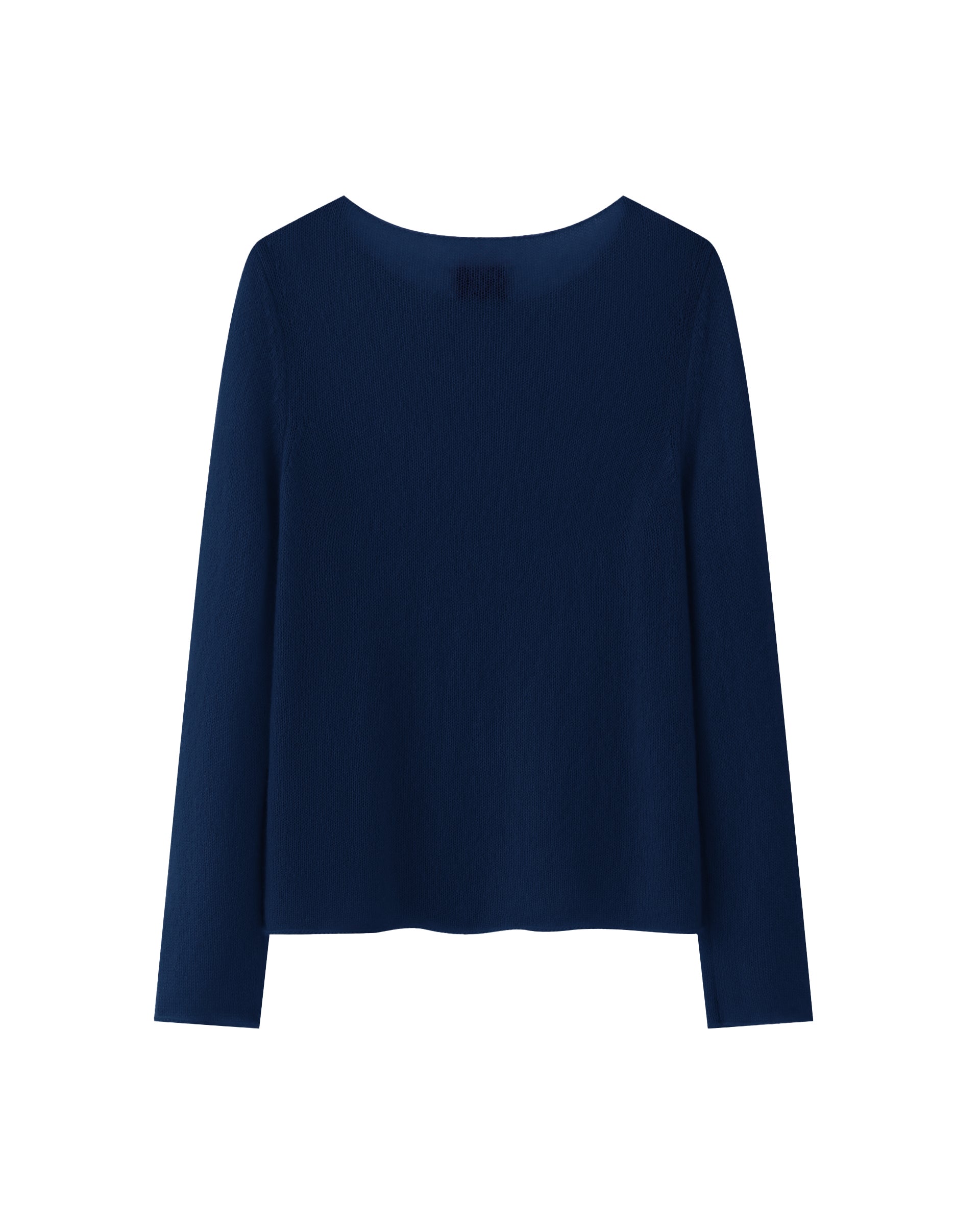 Damen Pullover in french navy (dunkelblau) aus Kaschmir-Seide – glatt und luftig gestrickt, mit großem Rundhalsausschnitt, langen schmalen Ärmeln und relaxter Passform