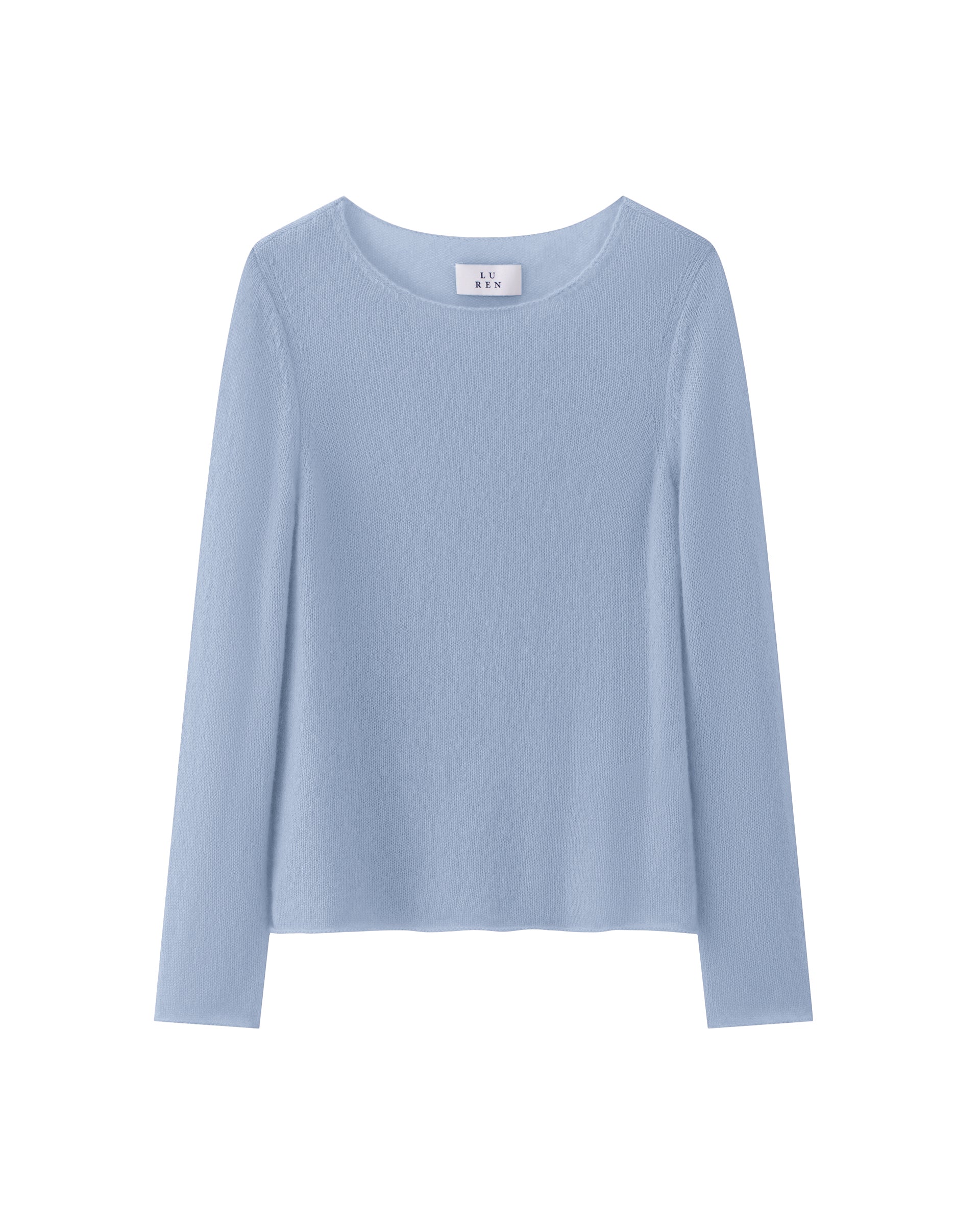 Damen Pullover in sky blue (blau) aus Kaschmir-Seide – glatt und luftig gestrickt, mit großem Rundhalsausschnitt, langen schmalen Ärmeln und relaxter Passform