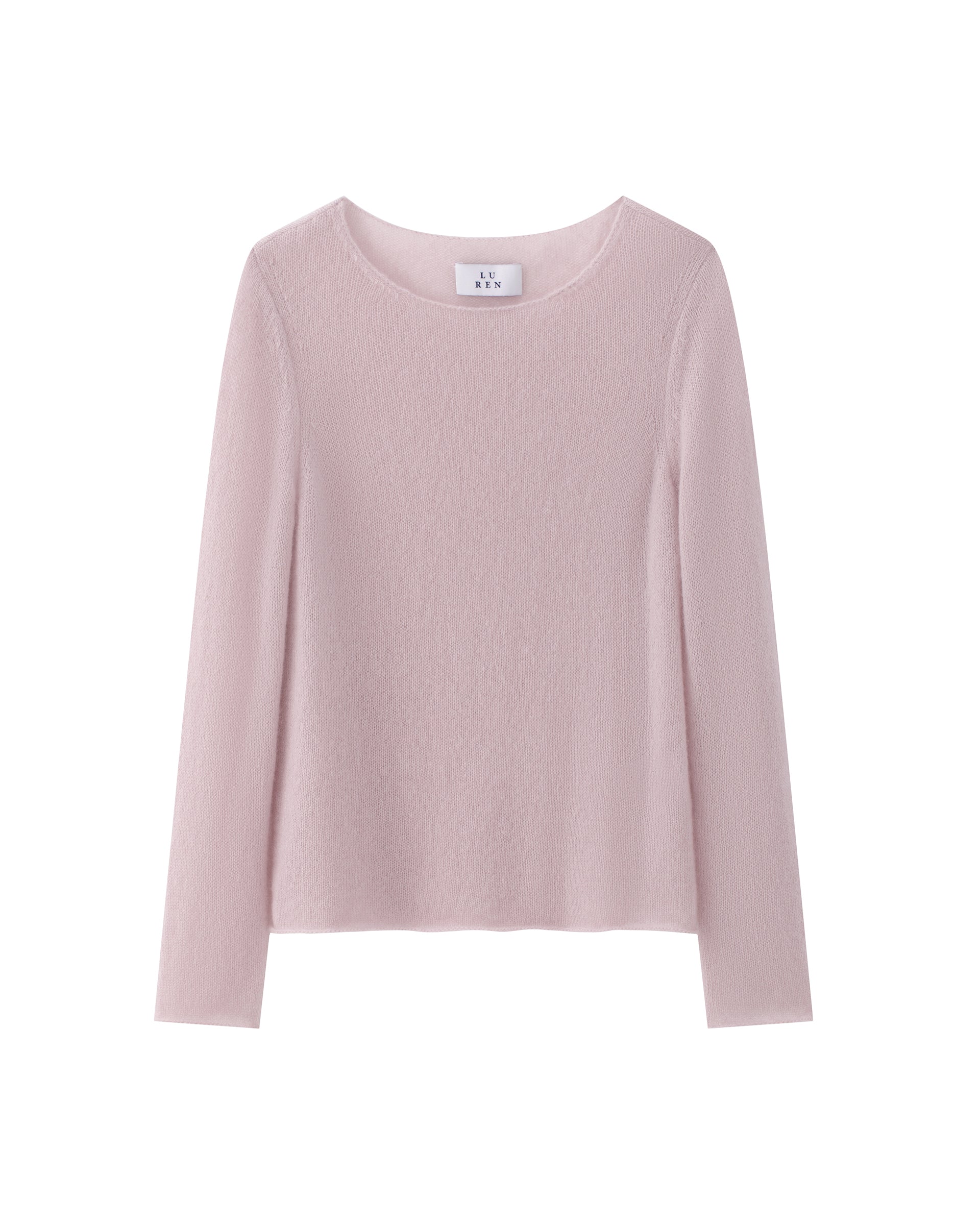 Damen Pullover in pinkish grey (rosa) aus Kaschmir-Seide – glatt und luftig gestrickt, mit großem Rundhalsausschnitt, langen schmalen Ärmeln und relaxter Passform