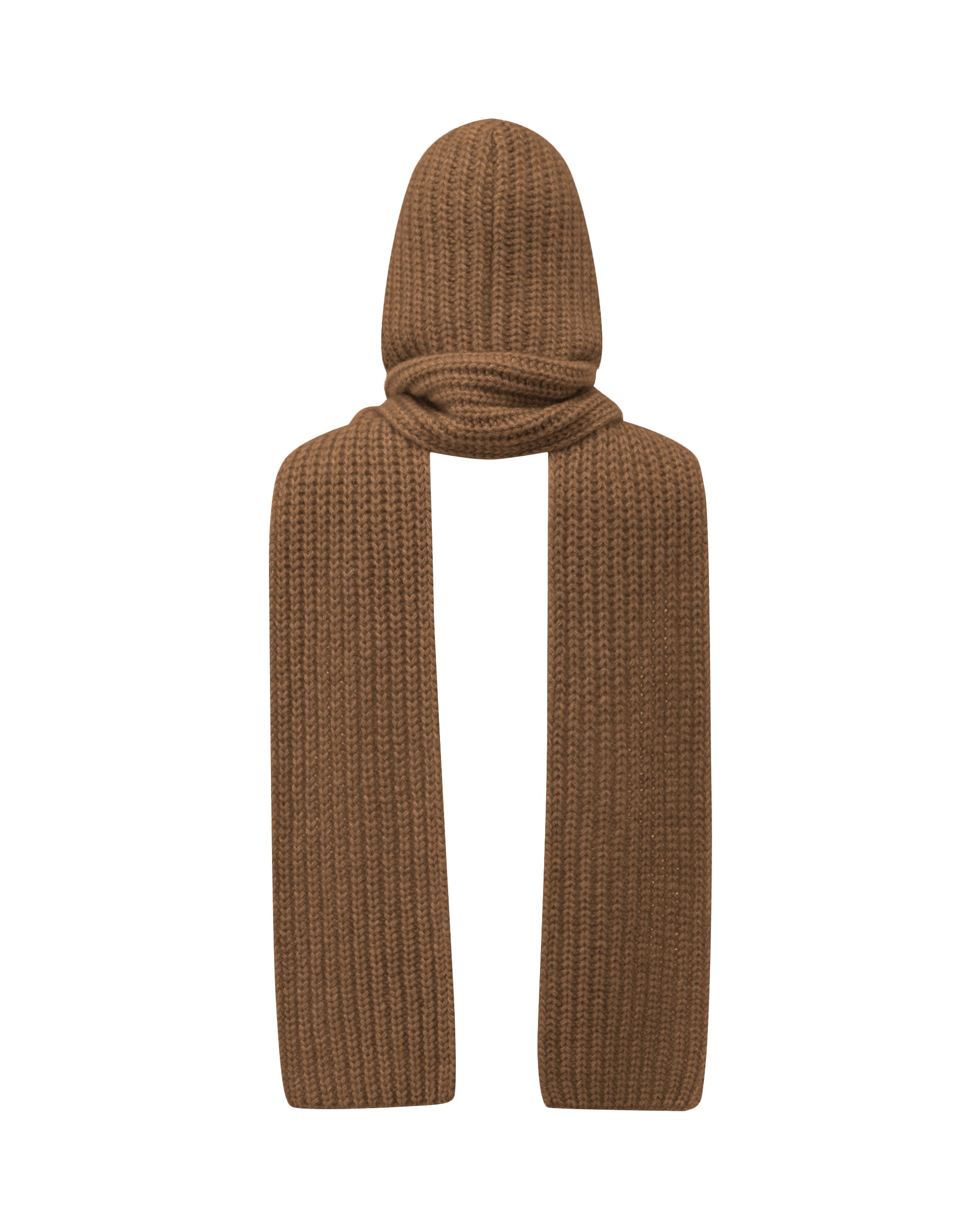  Damen Schal mit integrierter Mütze aus 75 % Kaschmir und 25 % Seide in Vintage Cocoa – vielseitiges Accessoire in grober Halbpatent-Strickstruktur. Das Modell vereint Mütze und Schal in einem und bietet durch die weiche Kaschmir-Seiden-Qualität angenehme Wärme sowie einen modernen, funktionalen Look.
