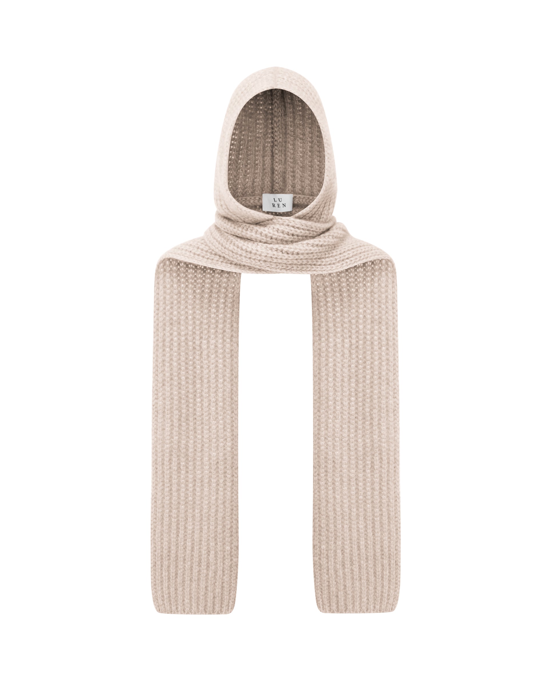Damen Schal mit integrierter Mütze aus 75 % Kaschmir und 25 % Seide in Wheat – vielseitiges Accessoire in grober Halbpatent-Strickstruktur. Das Modell vereint Mütze und Schal in einem und bietet durch die weiche Kaschmir-Seiden-Qualität angenehme Wärme sowie einen modernen, funktionalen Look.
