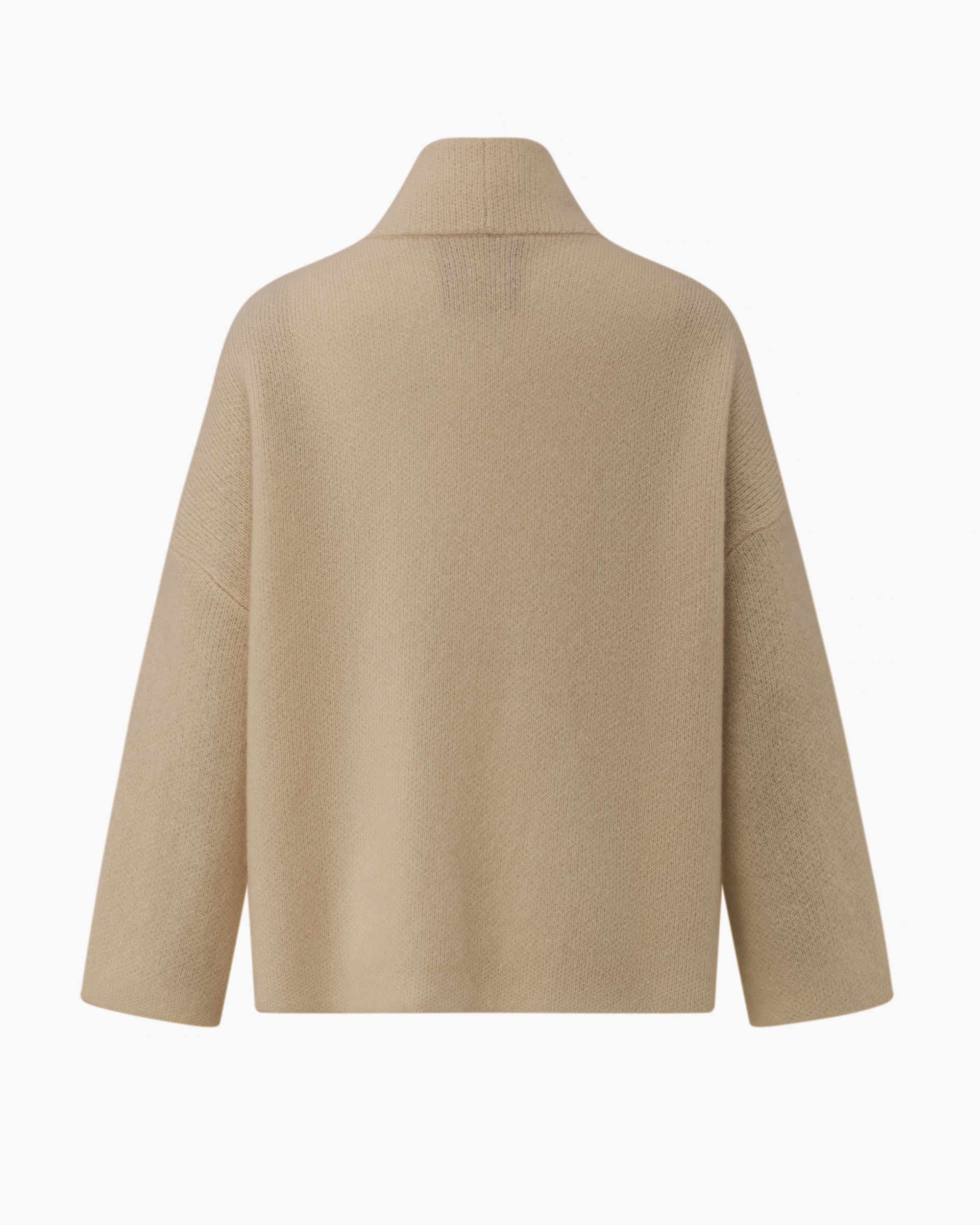 Damen Cardigan in Mokka (beige) aus Kaschmir-Seide – mittelschwerer Strick, oversized Passform, lange weite Ärmel und doppelte Leiste mit Druckknopf