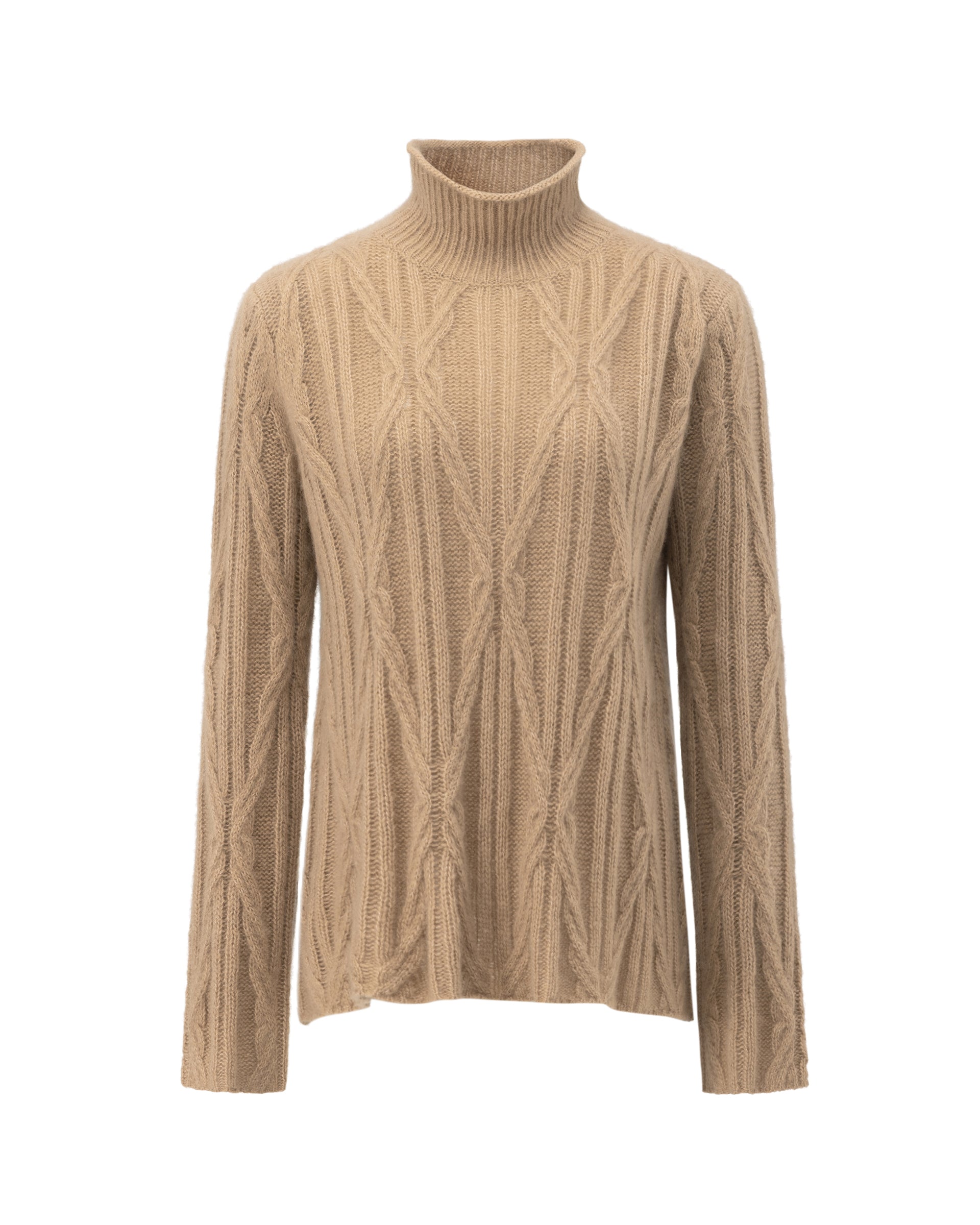 Damen Pullover aus 75 % Kaschmir und 25 % Seide in Warm Sand  – Pullover mit Zopfmuster in mittelschwerer Strickqualität und figurbetonter A-Linien-Passform, schmalem, hohem Kragen in Rippstruktur mit Rollkante sowie langen, relaxten Ärmeln. Das Modell verbindet markante Strickdetails mit einer femininen, leicht ausgestellten Silhouette.
