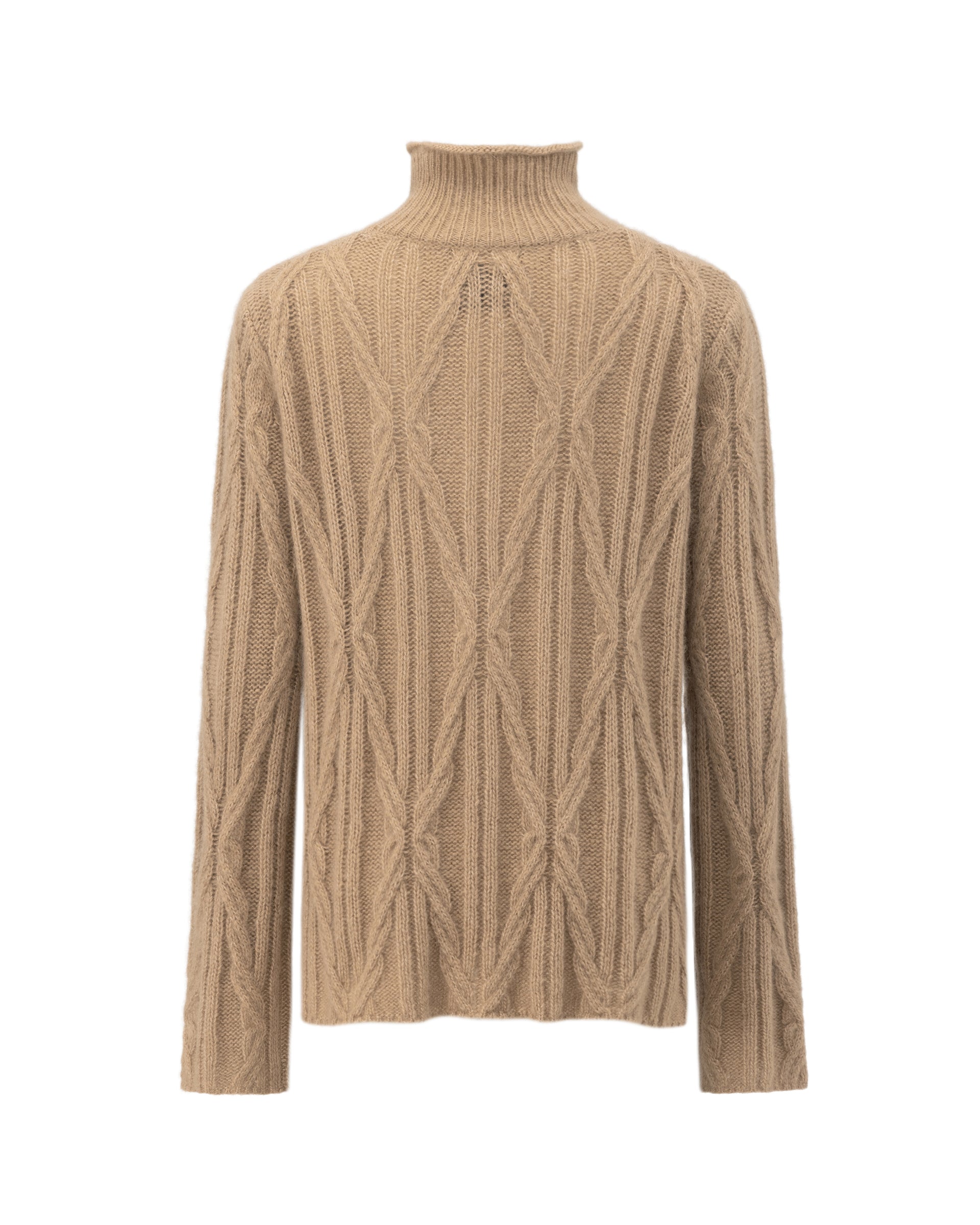 Damen Pullover aus 75 % Kaschmir und 25 % Seide in Warm Sand  – Pullover mit Zopfmuster in mittelschwerer Strickqualität und figurbetonter A-Linien-Passform, schmalem, hohem Kragen in Rippstruktur mit Rollkante sowie langen, relaxten Ärmeln. Das Modell verbindet markante Strickdetails mit einer femininen, leicht ausgestellten Silhouette.
