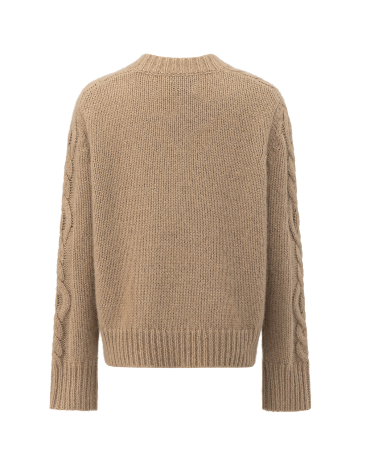 Damen Cardigan aus 75% Kaschmir, 25% Seide in Warm Sand – Cardigan mit Zopfmuster an den Ärmeln, Rundhalsausschnitt, verdeckter Knopfleiste sowie Ärmelbündchen und Saum in Rippstruktur.