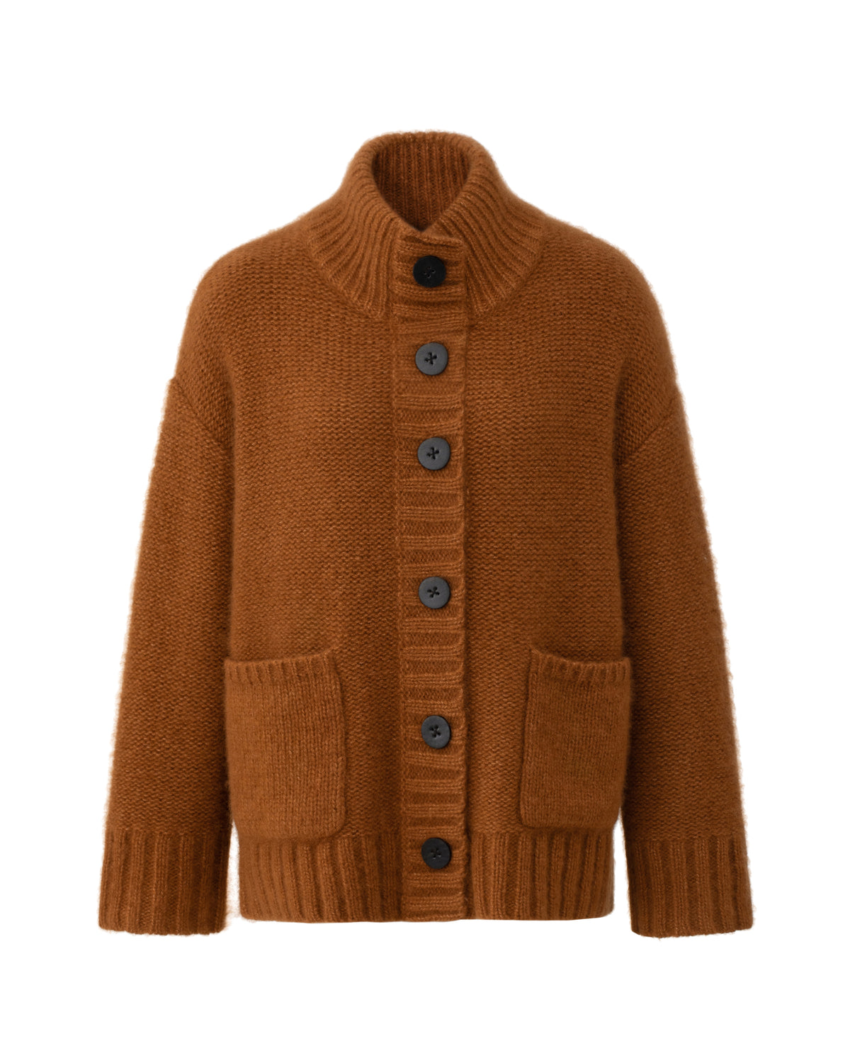 Damen Cardigan aus 75% Kaschmir, 25% Seide in Bronze – Cardigan mit hohem Stehkragen in Rippstruktur, waschbaren Lederknöpfen, zwei Eingrifftaschen an der Vorderseite, überschnittenen Schultern und langen, relaxten Ärmeln sowie Ärmelbündchen und Saum in Rippstruktur.