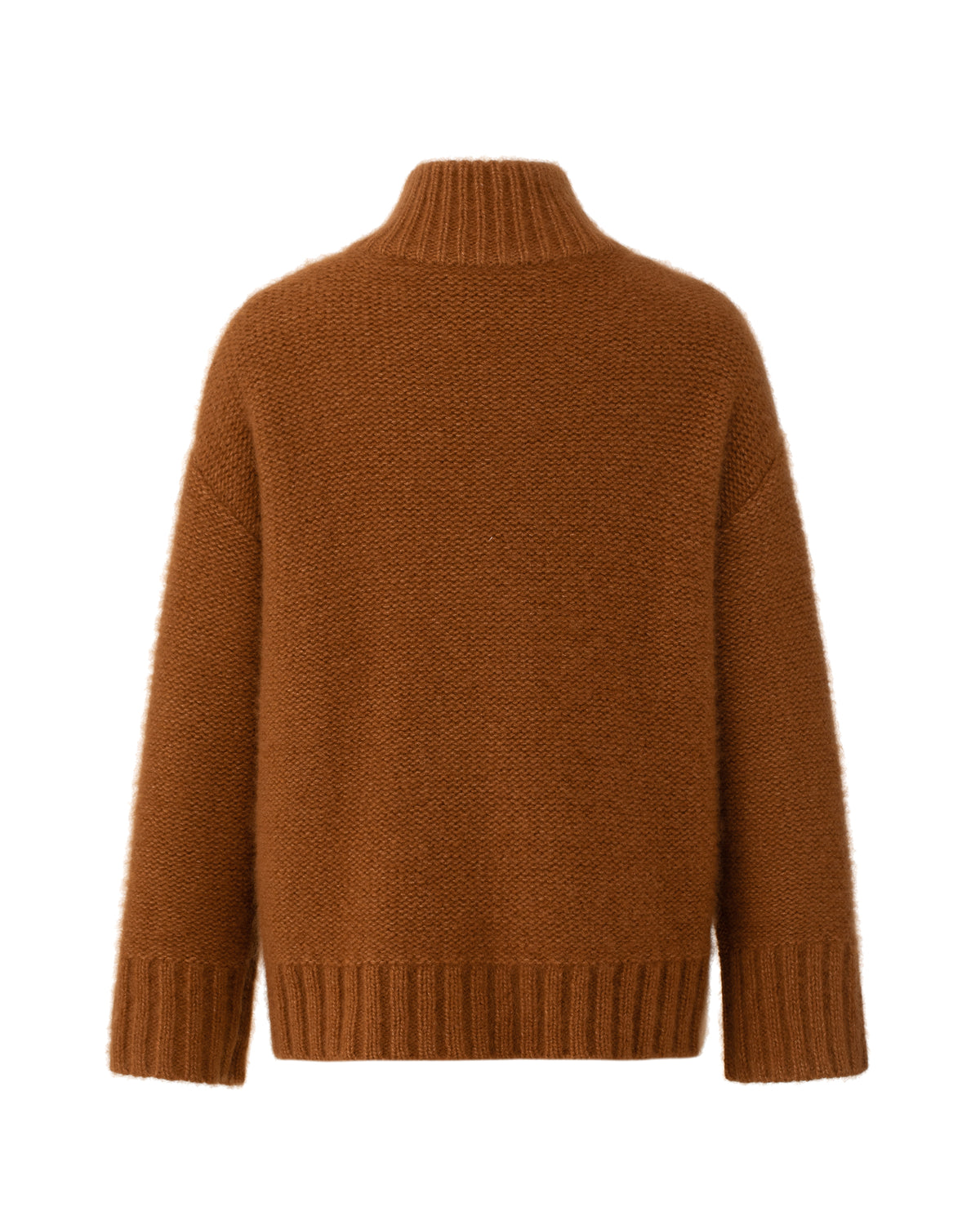 Damen Cardigan aus 75% Kaschmir, 25% Seide in Bronze – Cardigan mit hohem Stehkragen in Rippstruktur, waschbaren Lederknöpfen, zwei Eingrifftaschen an der Vorderseite, überschnittenen Schultern und langen, relaxten Ärmeln sowie Ärmelbündchen und Saum in Rippstruktur.